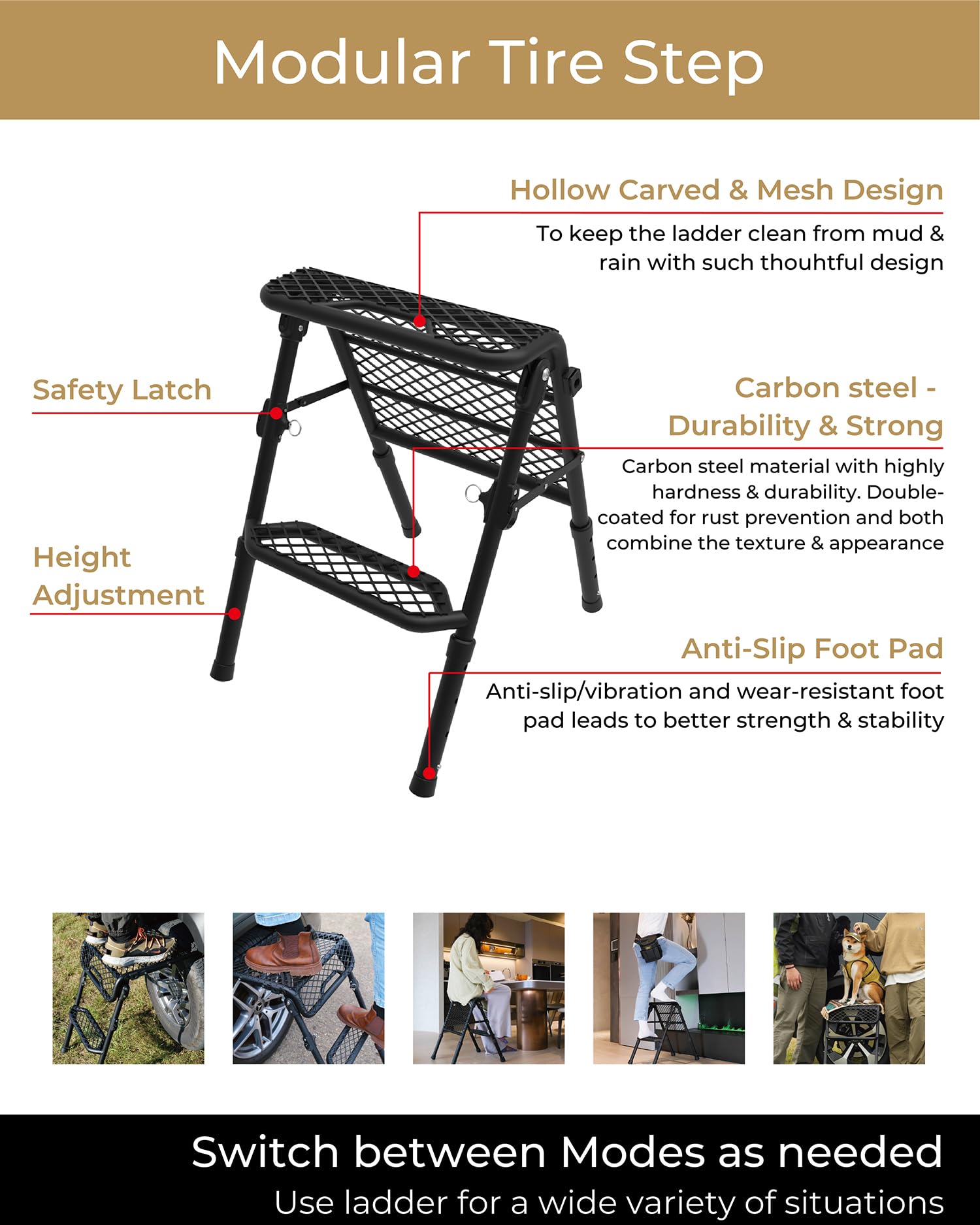 3D MAXpider Tire Step Universal - 3 Modes (Tire Ladder/A-Ladder/Folding), Portable & Adjustable Height for Up To 30" Tires - Carbon Steel, Black