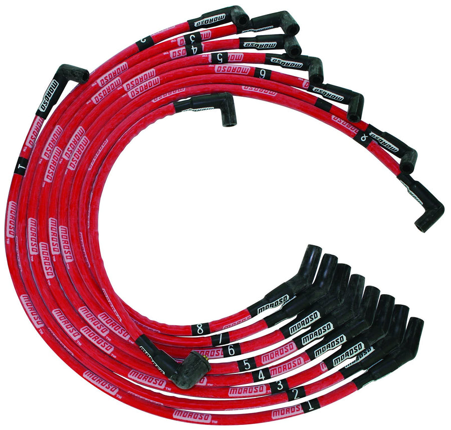 Moroso Ultra Series Red Sleeved Spark Plug Wires, Ford 351C/390/429/460, 135 Degree Plug Ends, HEI Distributor
