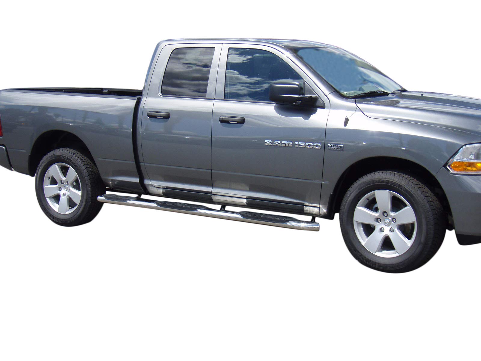 Nerf Bars TrailFX for Chevrolet Silverado 1500 Double Cab 6.5 Foot Bed 2020-2021 Polished Stainless Steel 5 Inch Oval Side Steps with Step Pads and Bed Step Welded End Caps Rocker Panel Mount