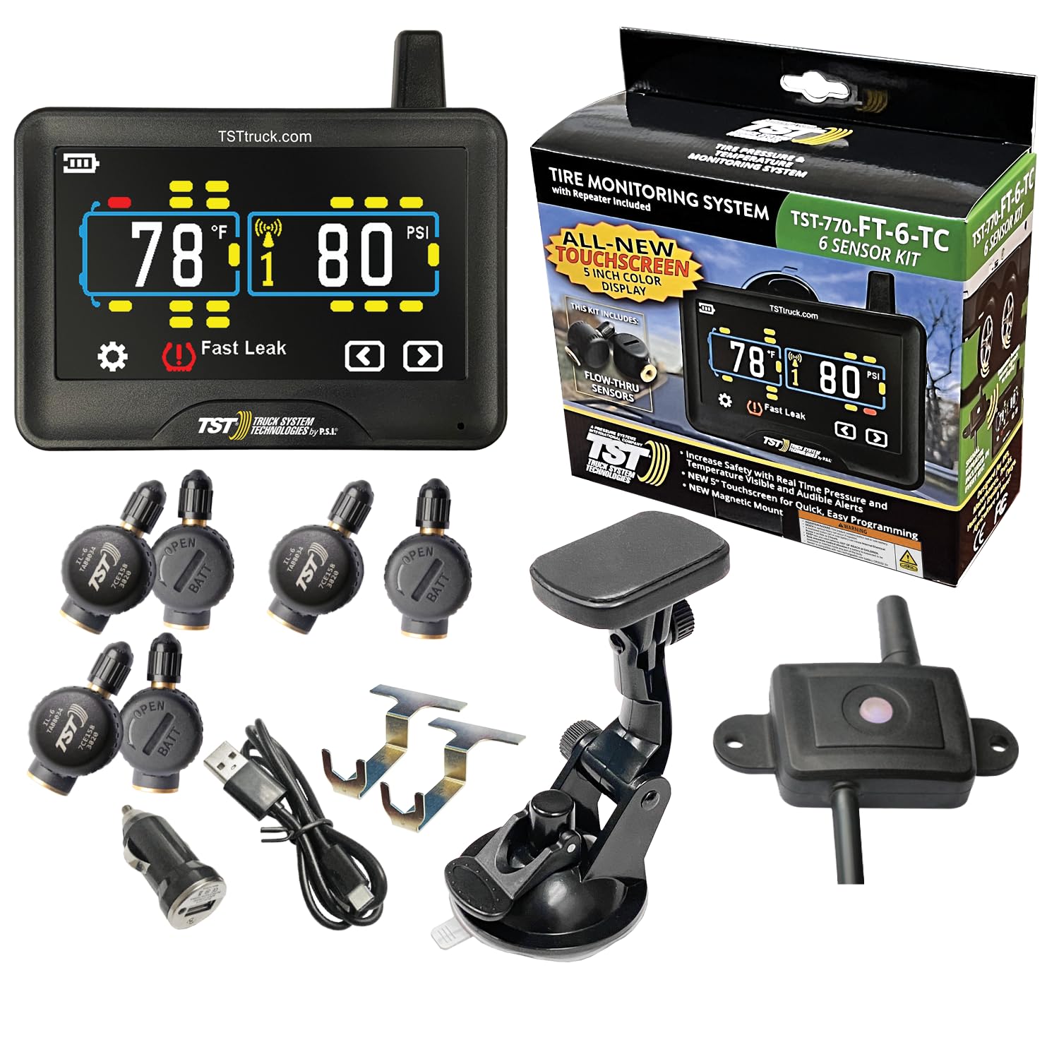 TPMS TST 770 Series - RV Tire Pressure Monitoring System with 6 Flow Thru Sensors & 5" Color Touchscreen Monitor for Travel Trailers, Campers and Motorhomes (Metal Valve Stems Required for Flow Thru)