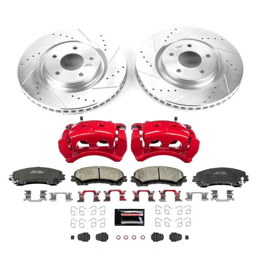 Front Z23 Brake Pads and Rotors POWERSTOP Brake Kit with Red Powder Coated Calipers For Nissan Rogue 2019 [Vehicle Specific]