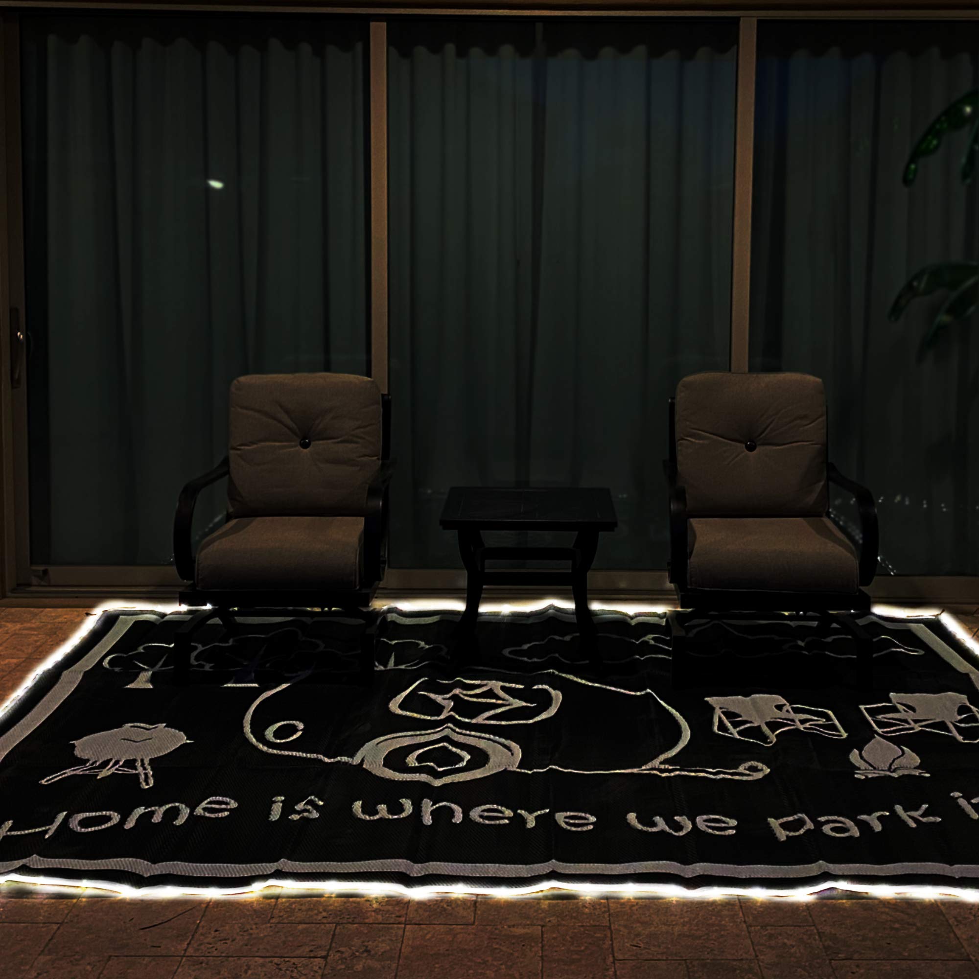 Stylish Camping LED Illuminated Border RV Home Mat, 8-Feet x 18-Feet, Black/White