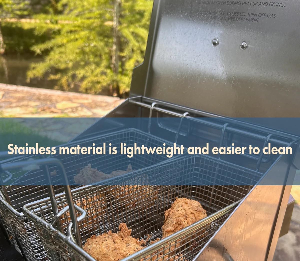 Bayou Classic 700-701 Stainless 4-gal Bayou Fryer Includes 2 Stainless Mesh Baskets Fry Thermometer Drain Valve High Pressure Regulator w/ 48-in Stainless Braided LPG Hose