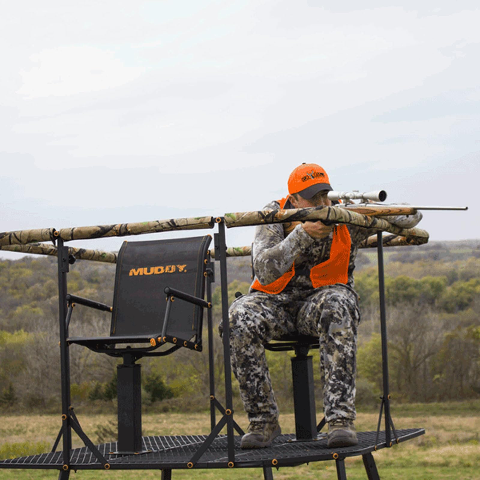 12' Muddy Quad Pod - 57" L x 57" W Durable Steel 500 Pound Capacity Hunting Outdoor Platform with Full-Surround Shooting Rail & 2 Flex-Tek Seats, Blind Kit Not Included