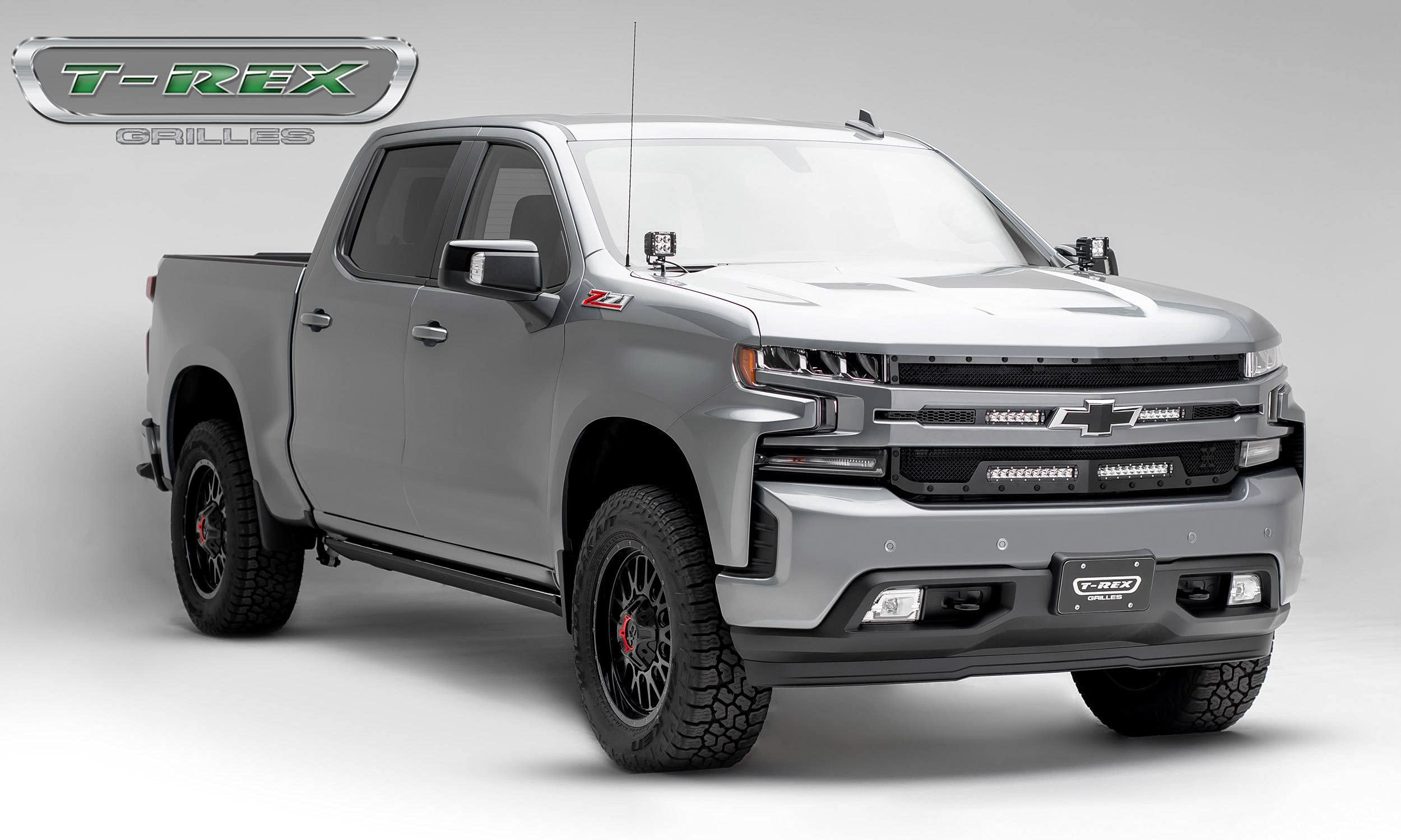 T-Rex Grilles Stealth Torch Grille 2019-2022 Silverado 1500, Black, 1 Pc, Replacement, Black Studs with (2) 6 Inch and (2) 10 Inch LEDs, Does Not Fit Vehicles with Camera - PN #6311261-BR