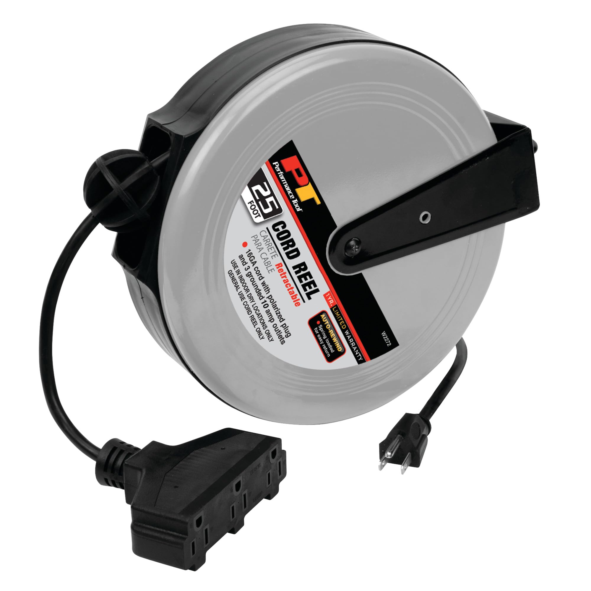 W2272 Performance Tool Retractable Cord Reel for Outlet Extension in Workshops and Home, Black/Gray, 25 feet