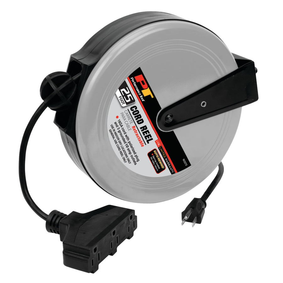 W2272 Performance Tool Retractable Cord Reel for Outlet Extension in Workshops and Home, Black/Gray, 25 feet