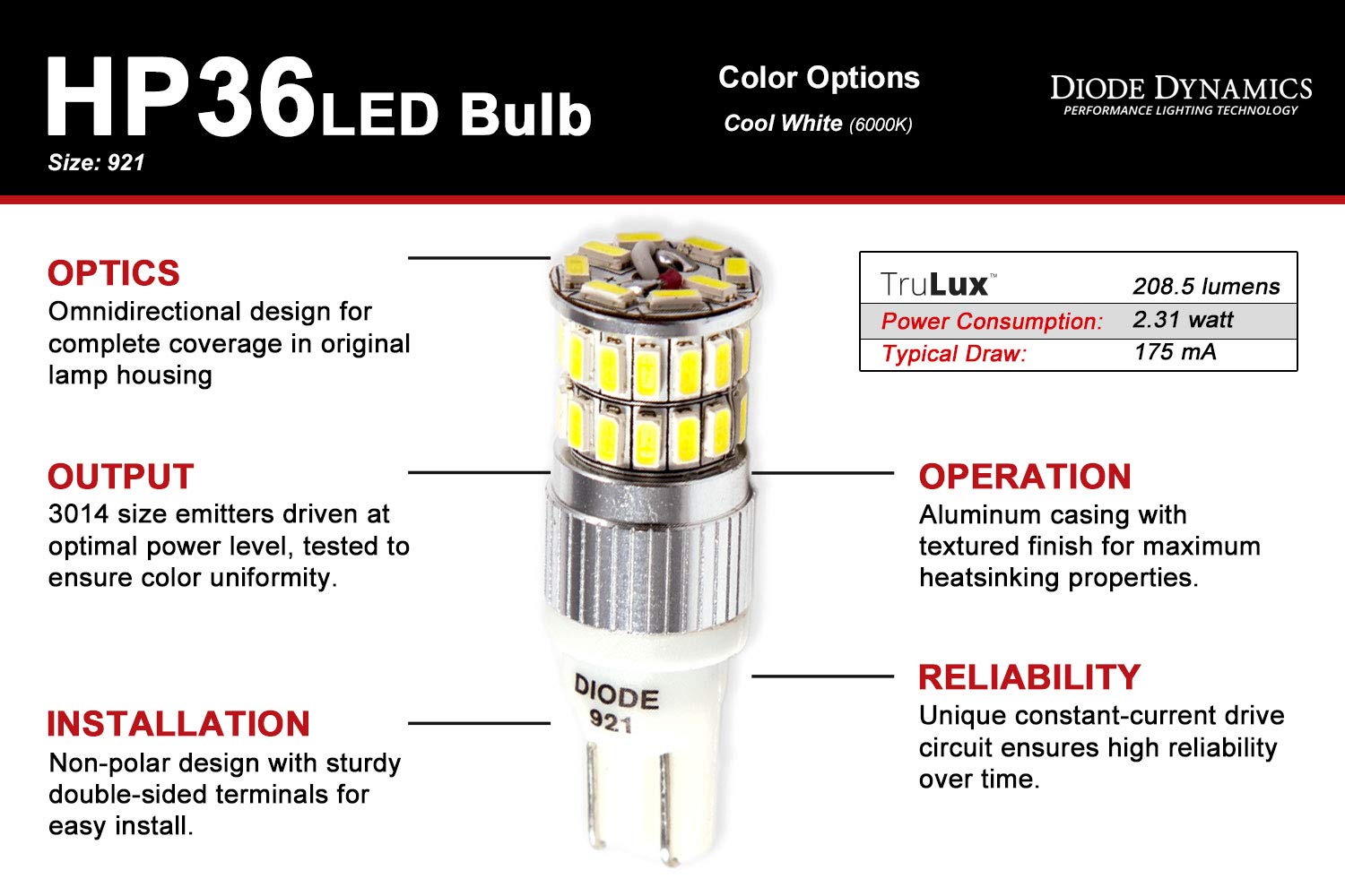 HP36 LED 921 Bulb Cool White Single Diode Dynamics
