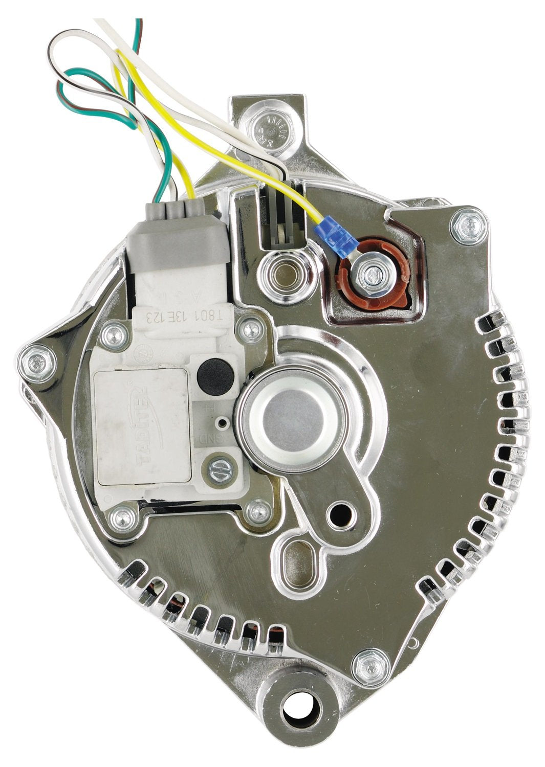 Alt Ford Powermaster 3G Chrome 200A 6 grv & 1V Pulley Large Frame Str MTG Threaded MTG Ear w/Reg Adapter Harness