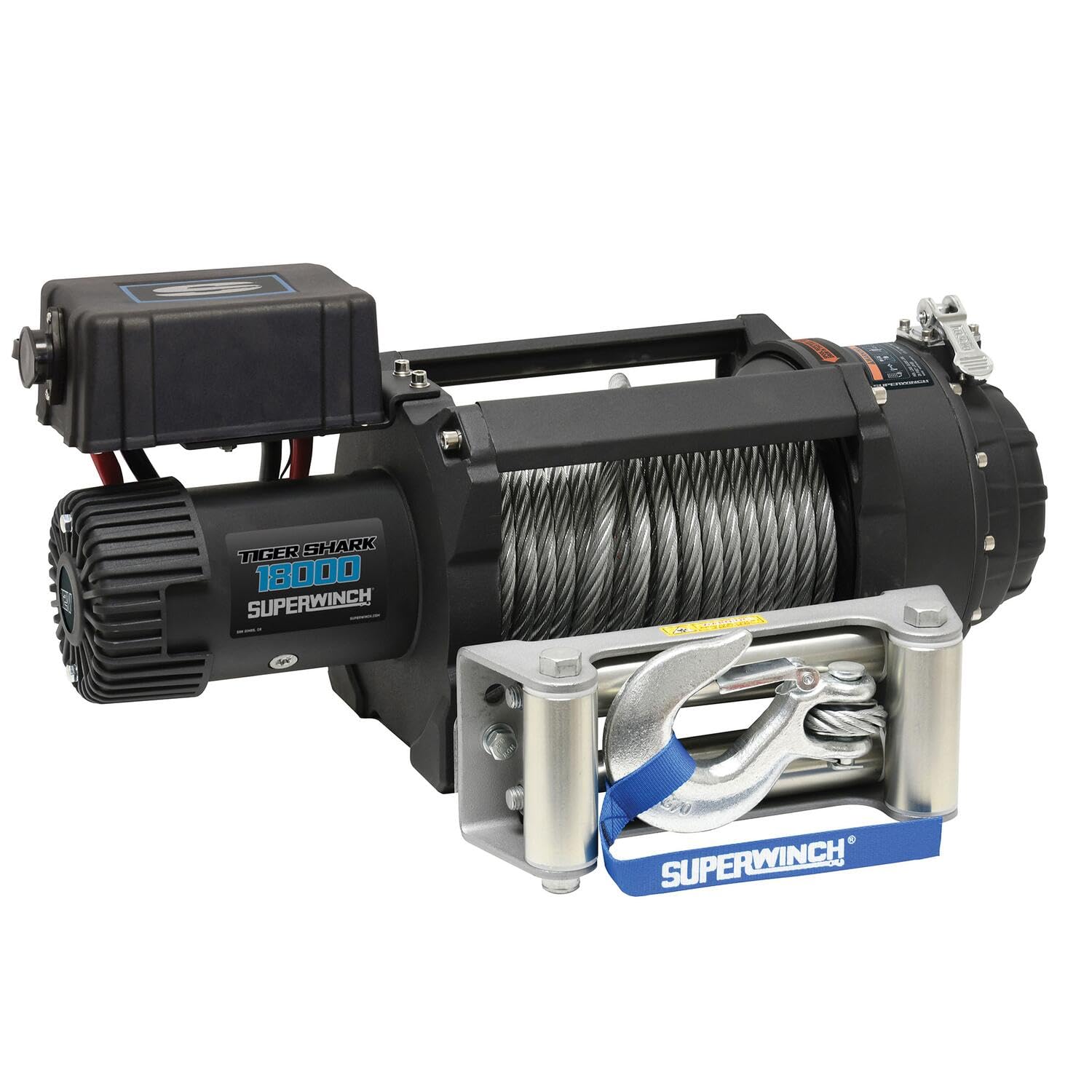 Tiger Shark Superwinch 1518000 18000 12V DC Winch 18,000lb/8165kg Single Line Pull with Roller Fairlead, 29/64" x 80' Steel Wire Rope, Corded Handheld Remote
