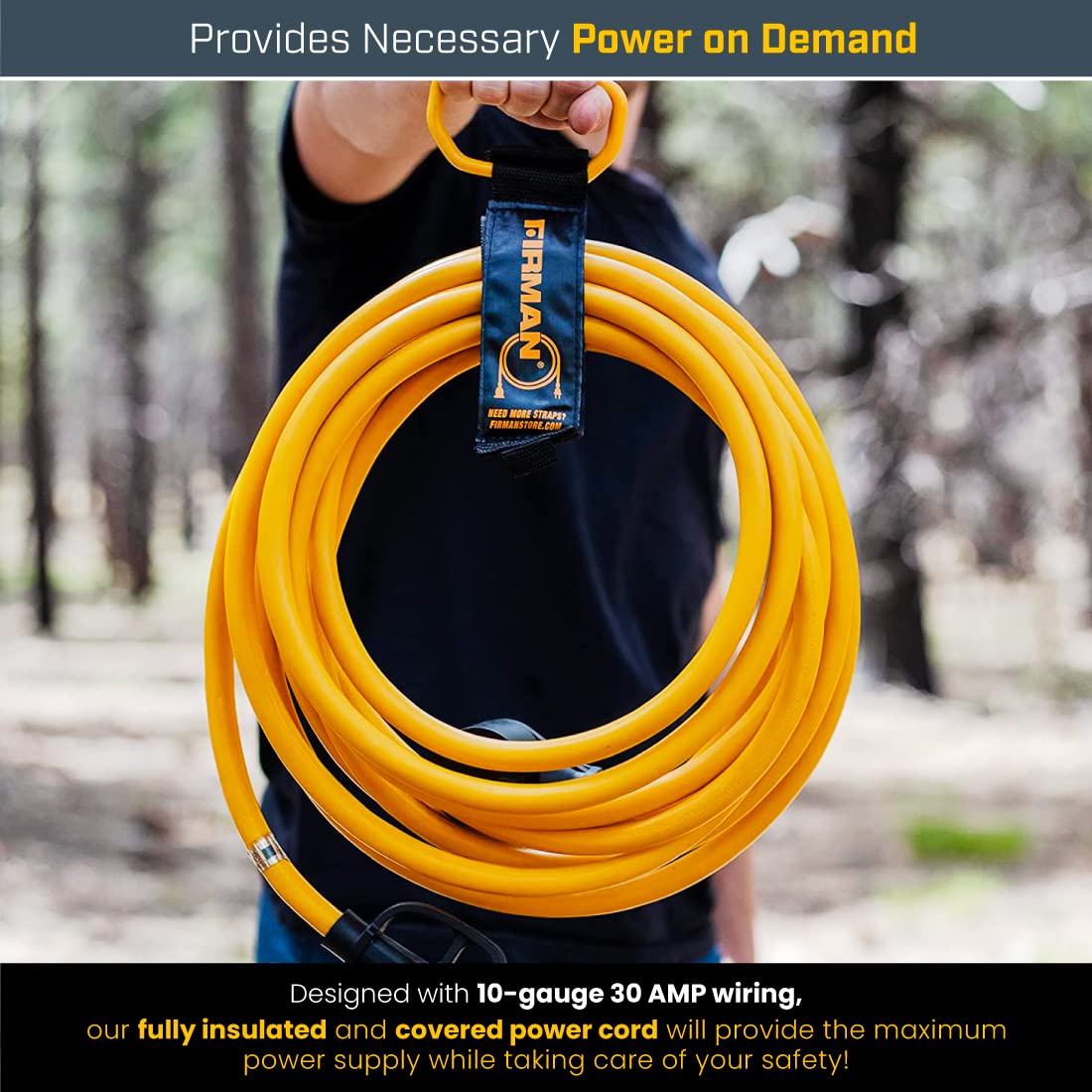 Power Cord Firman with Storage Strap, 10AWG, 30 AMP Wiring, Fully Insulated RV Extension Cord, TT-30P Plug to TT-30R Outlet, Pack of 1, 25 ft.