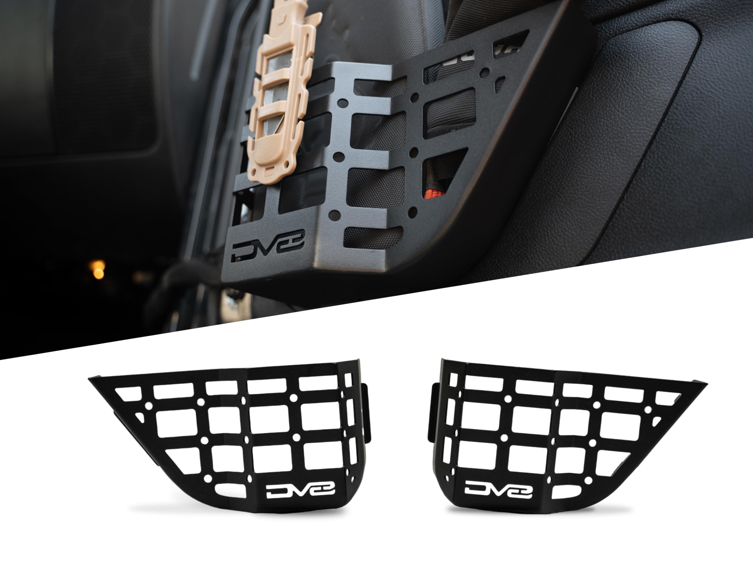 DV8 Offroad Molle Panels for Front Door Pocket 2011-2018 Jeep Wrangler JK | Rigid Steel Pockets | Replaces The Factory Netting | Mounts Daily Gear | Front Panel Protrusion for Water Bottle Storage