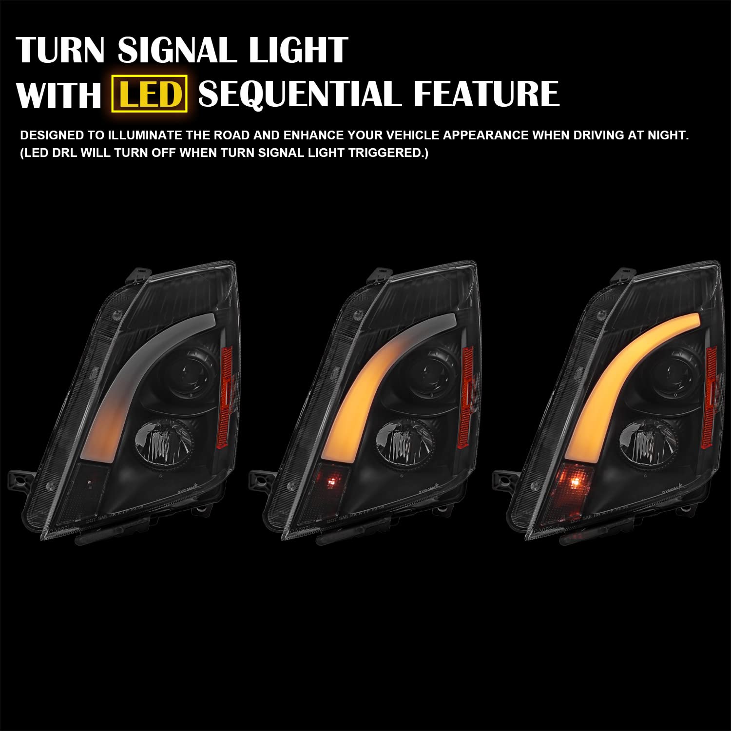Black LED Switchback Projector Headlights SPEC-D TUNING Compatible with 2008-2014 Cadillac CTS, Left + Right Pair Headlamps Assembly