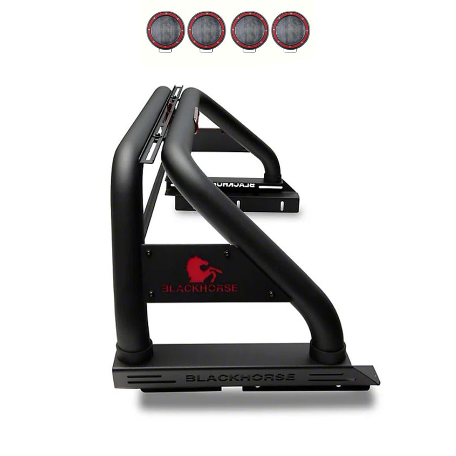 Classic Black Horse Roll Bar Incl. Set of 5.3" Dia.LED Lights w/Red Trim Rings Compatible with 2005-2021 Nissan Frontier-RB007BK-PLFR