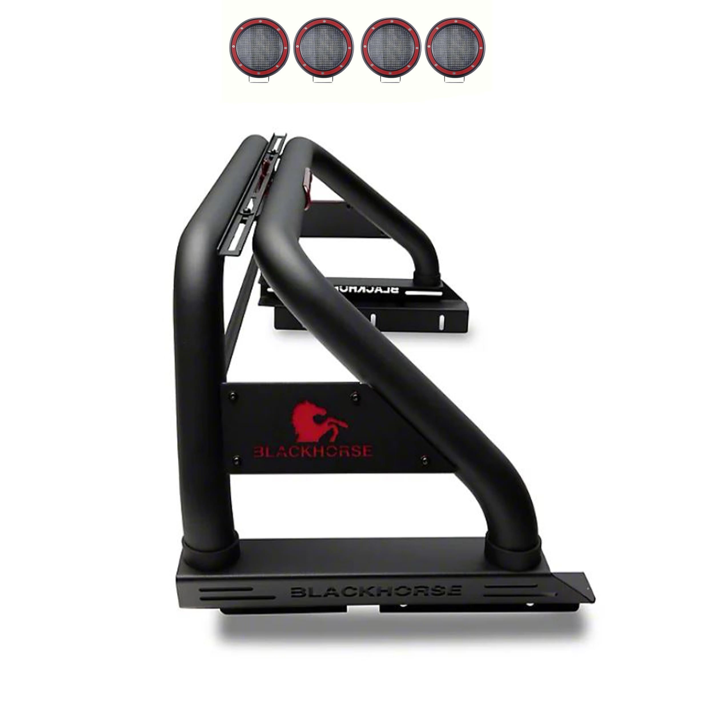 Classic Black Horse Roll Bar Incl. Set of 5.3" Dia.Led Lights w/Red Trim Rings Compatible with 2005-2024 Toyota Tacoma-RB006BK-PLFR