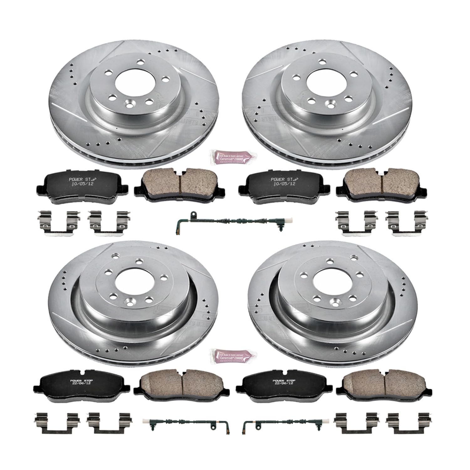 Power Stop K6048 Z23 Carbon Fiber Brake Pads with Front and Rear Drilled & Slotted Brake Rotors Kit and 1 Front & 1 Rear Sensor Wires