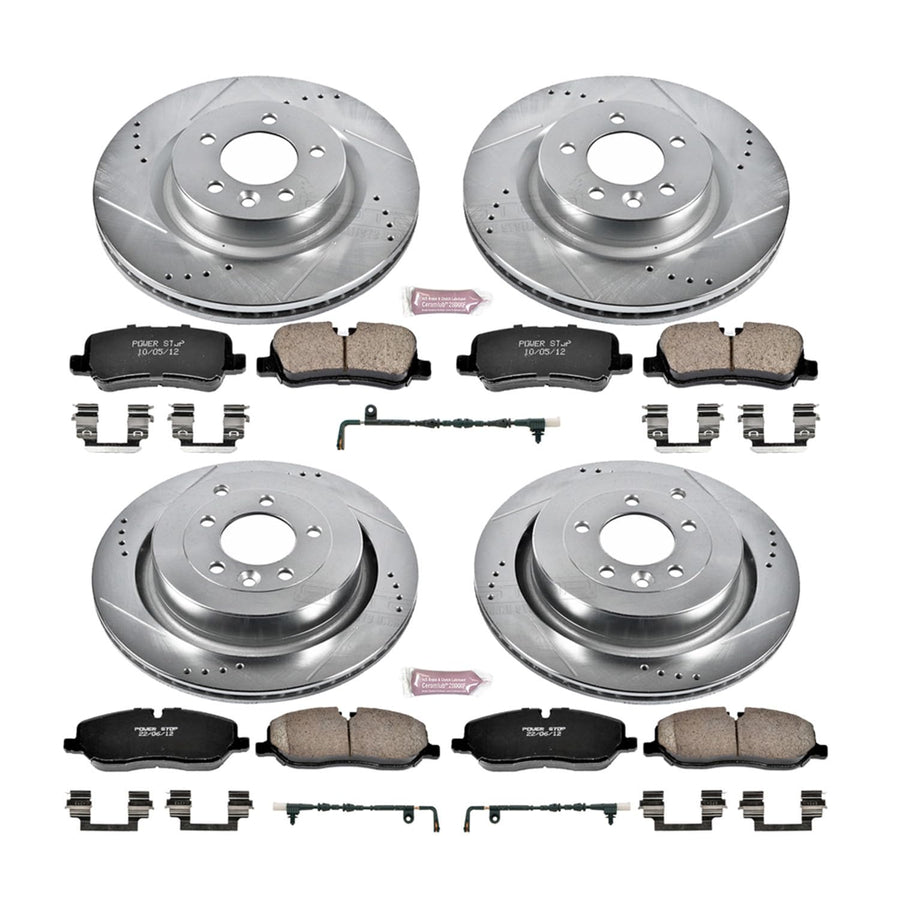 Power Stop K6048 Z23 Carbon Fiber Brake Pads with Front and Rear Drilled & Slotted Brake Rotors Kit and 1 Front & 1 Rear Sensor Wires
