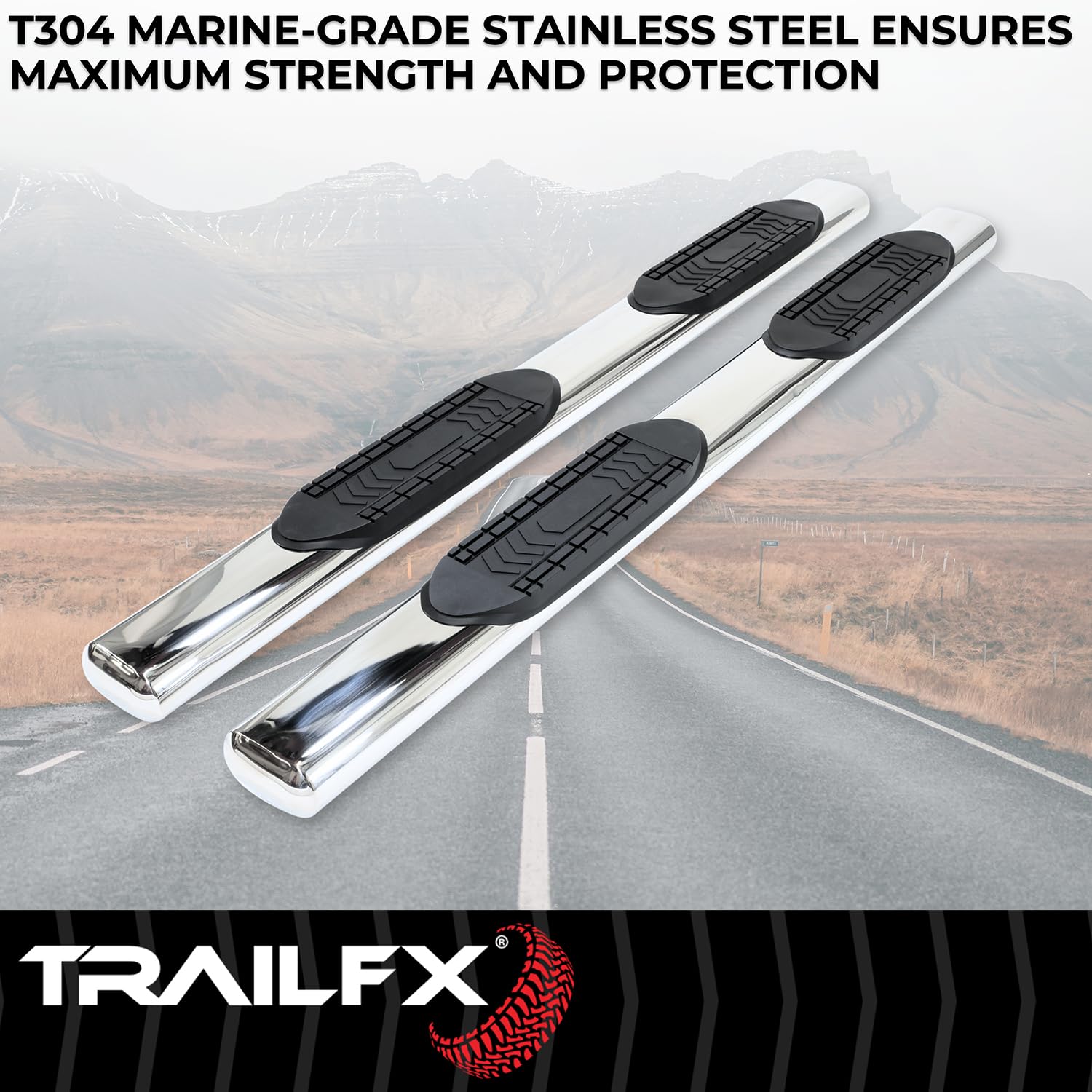 TrailFX Nerf Bars Chevrolet Silverado 1500 Crew Cab Fits 2019-2025 Stainless Steel 6 Inch Oval Straight Polished with Step Pads Rocker Panel Mount Running Boards TrailFX A8255S