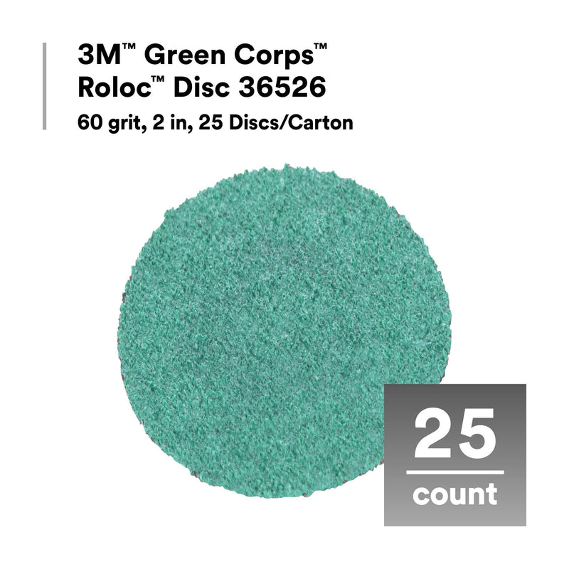 3M Roloc Green Corps Disc 36526, 60 Grit, Quick Change, Heavy Duty, Grinding, Coating Removal, 2 in, 25 Discs/Carton