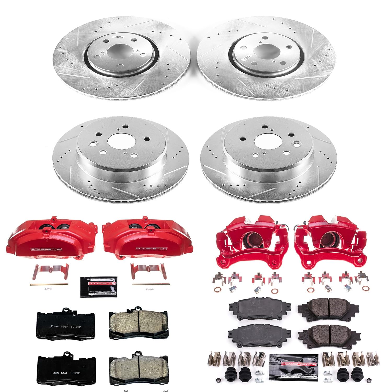 Power Stop Z23 Front and Rear Brake Caliper Kit-Drilled/Slotted Brake Rotor, Brake Pads & KC7604 Calipers