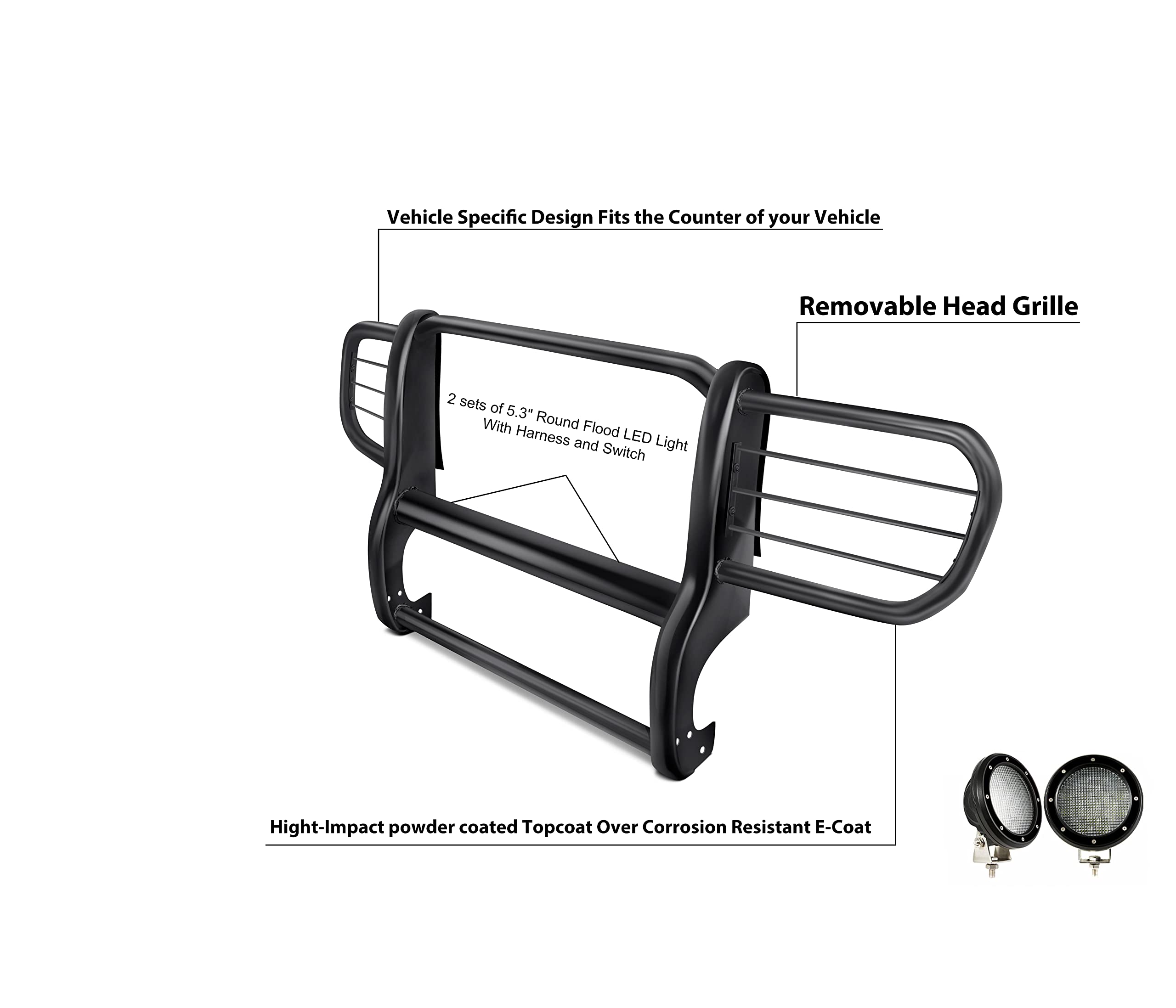 Bumper Guard Black Horse Grille Brush Modular Black Come with Pair of 5.3" Dia.LED Lights with Black Trim Rings Compatible with 2006-2010 Jeep Commander-17A081000MA-PLFB