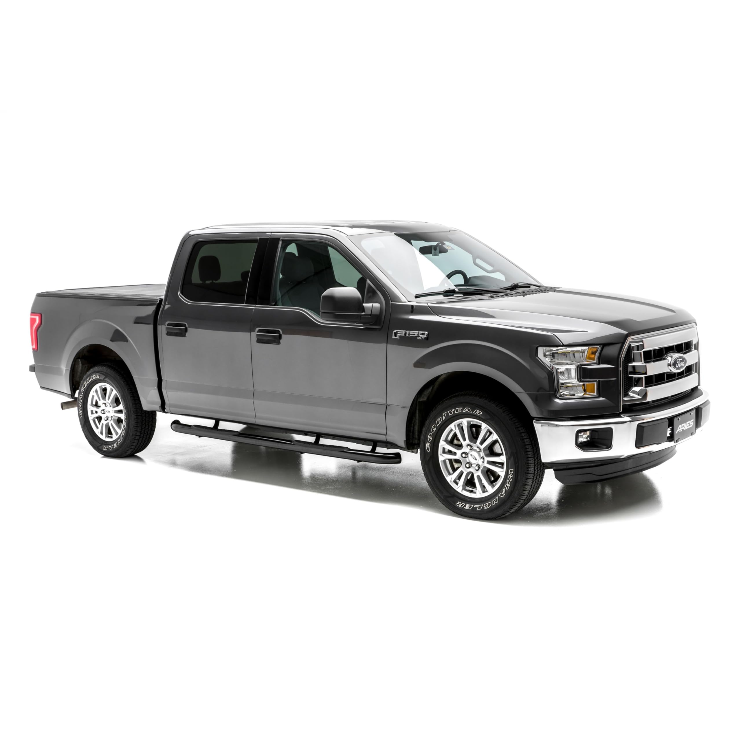 3-Inch Round ARIES Black Stainless Steel Nerf Bars, No-Drill, Fits Select Ford F-150, Lightning, F-250, F-350 Super Duty
