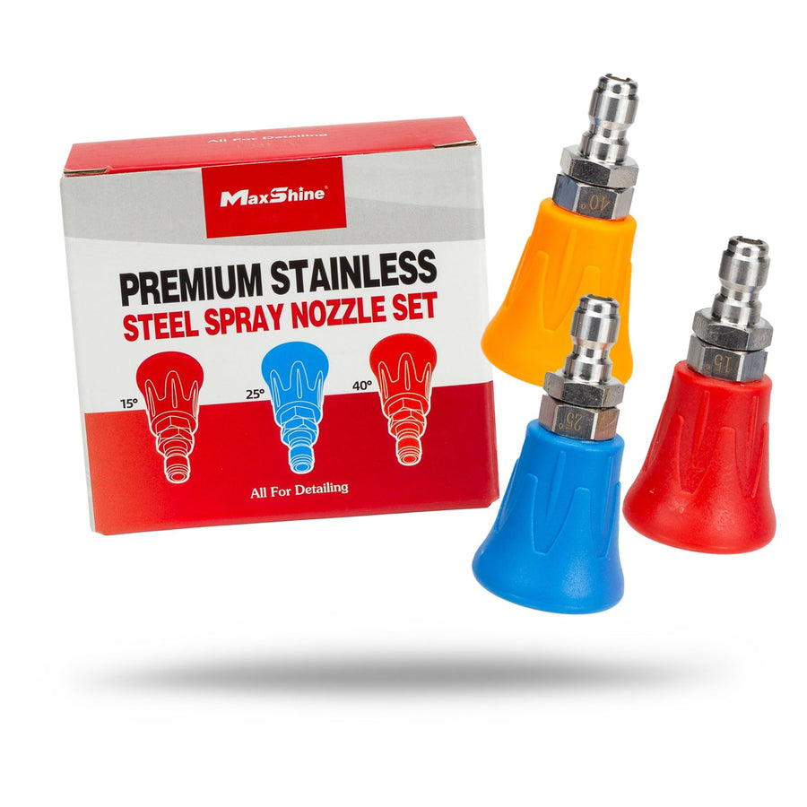Premium Maxshine Stainless Steel Spray Nozzle Set | Universal ¼″ Quick-Connect Nozzles (15°, 25°, 40°) in Protective Rubber Housing | Durable, Leak-Free Professional Car Wash Accessory