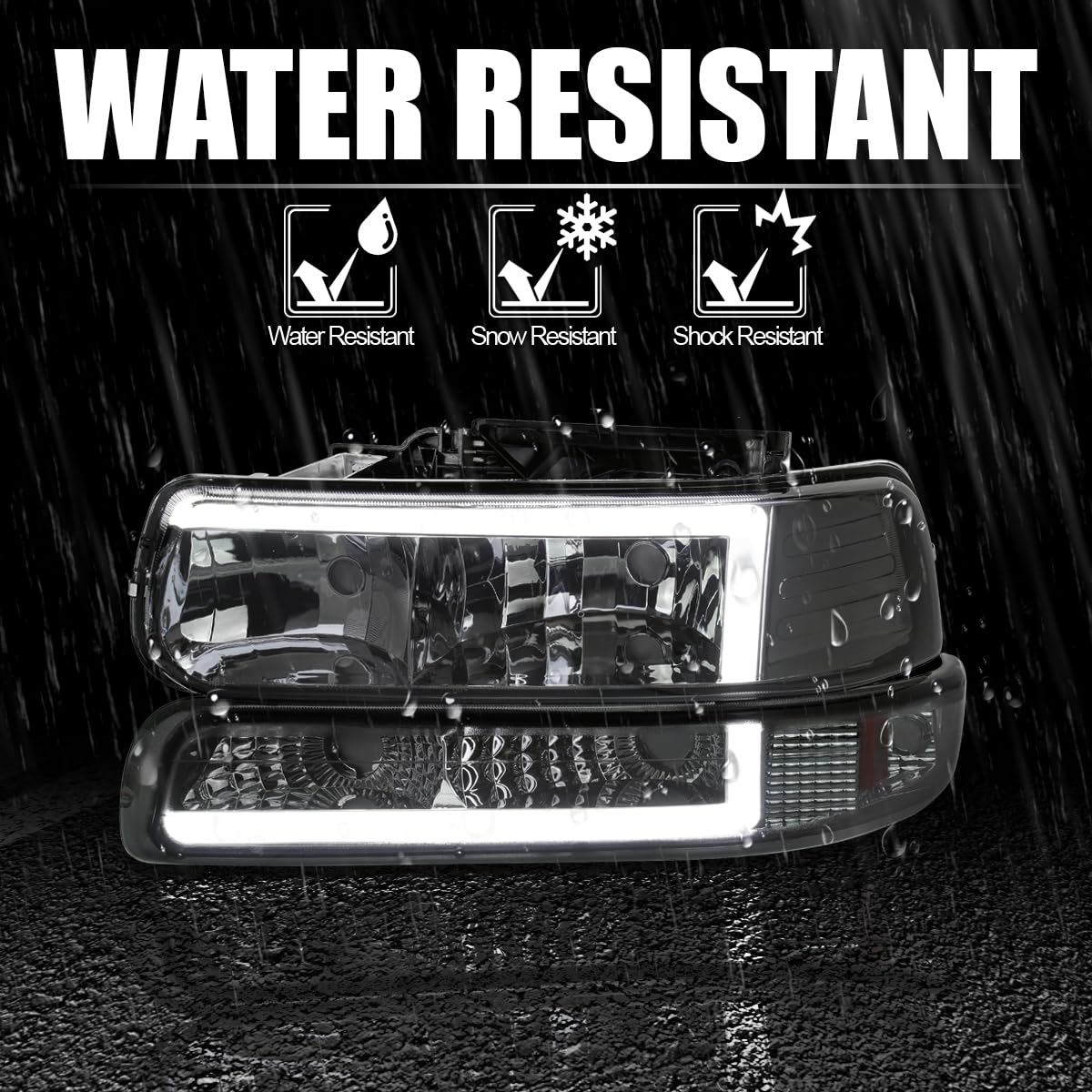 Smoke LED Bar Headlights + Bumper Lights SPEC-D TUNING Compatible with 1999-2002 Chevy Silverado 2000-2006 Tahoe Suburban, Left + Right Pair Headlamps Assembly