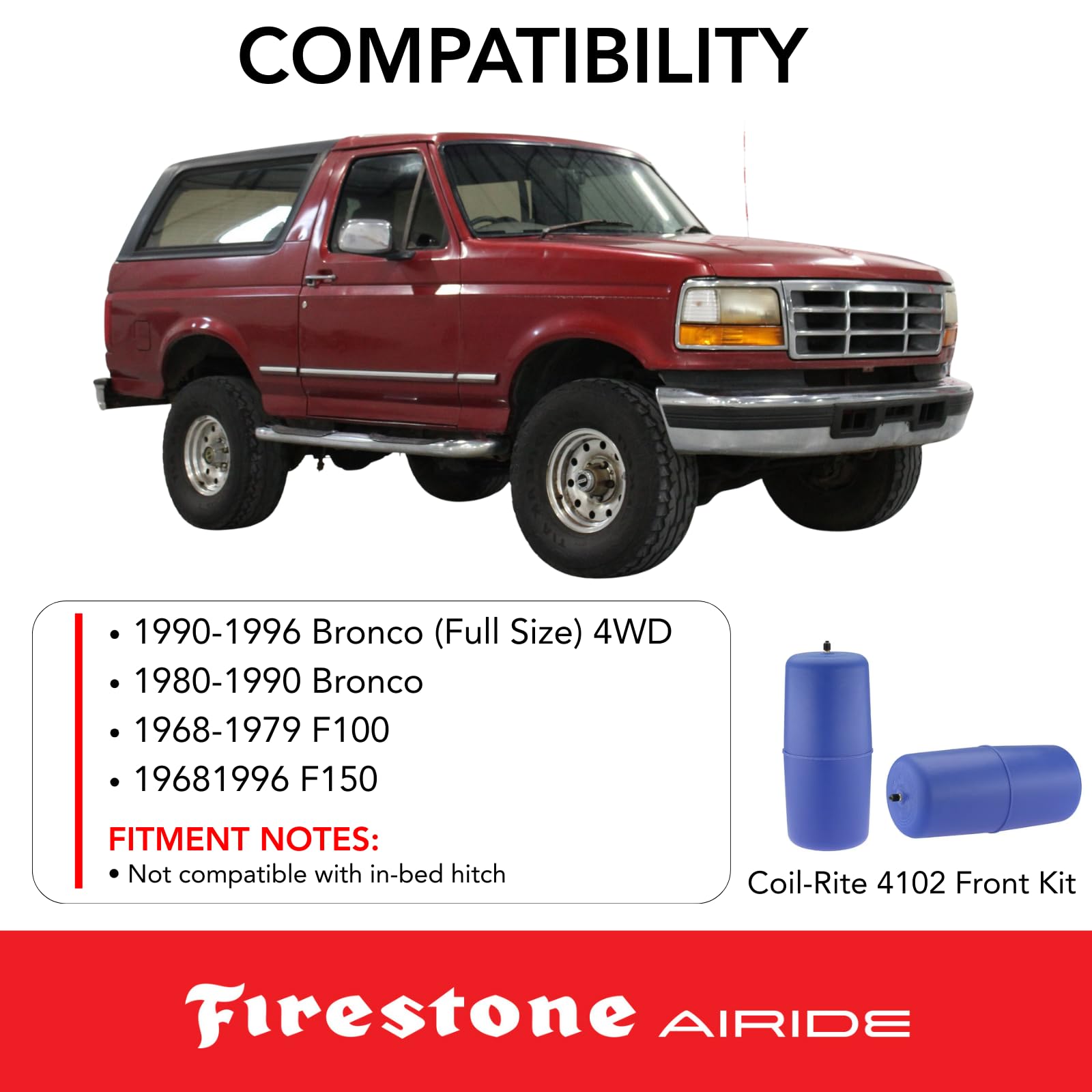 Firestone 4102 Airide Coil-Rite Front Springs Kit fits 1990-1996 Bronco Full Size 4WD and 1968-1996 F150 | 10-60 PSI | Made of Elastic Polyurethane | Load Capacity of 1,000 Pounds