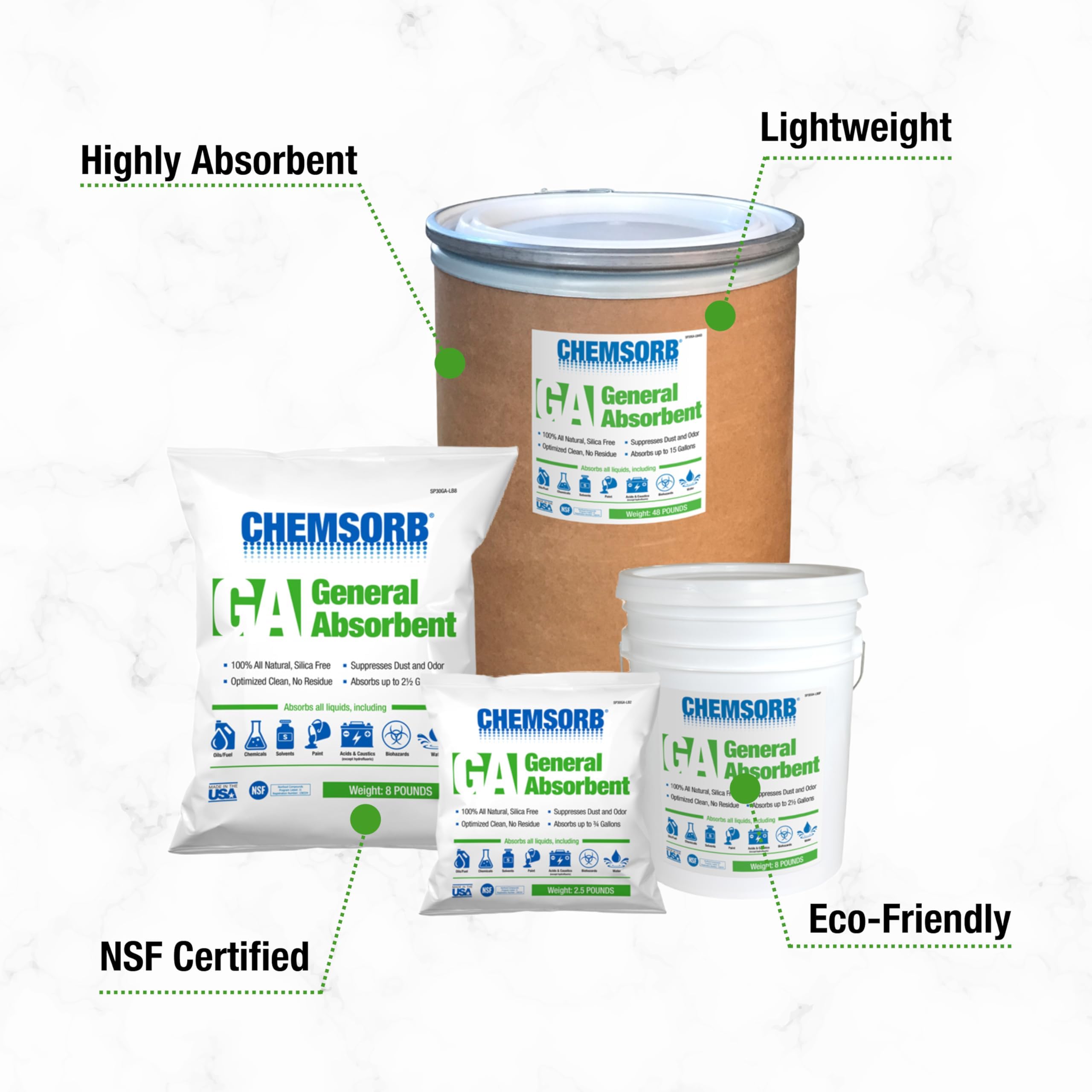 General Absorbent Chemsorb GA - 1 Gal. Bag, SP30GA-L1B, Light Weight Spill Response, Universal Absorbent, Silica Free, Absorb: Oil, Grease, Chemicals, Solvents, Diesel Fuel, White