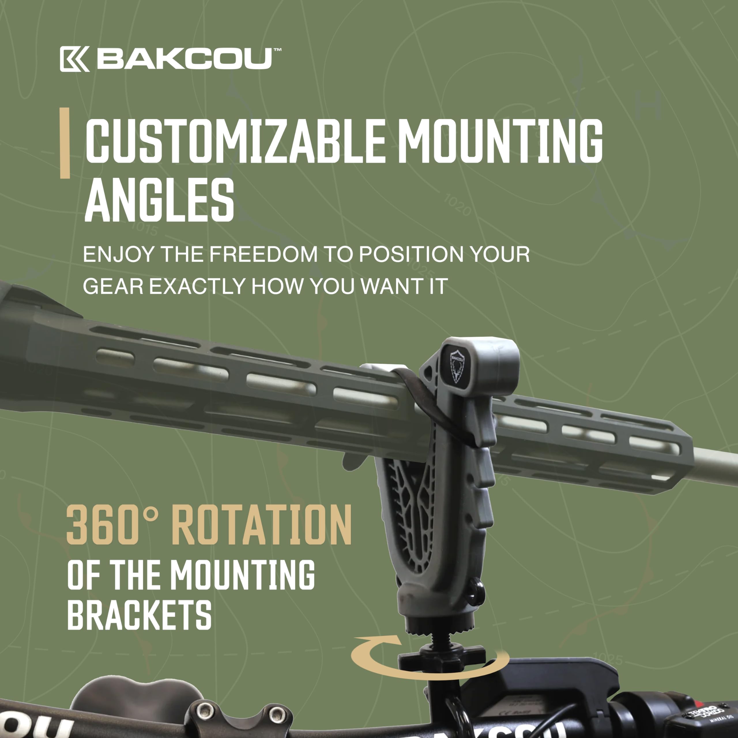 Universal Mount Bakcou Gun-Bow Rack with Variable Fit Technology (VFT) - 360° Rotation, Tool-Free Design, Fits All Bike Handlebars up to 1