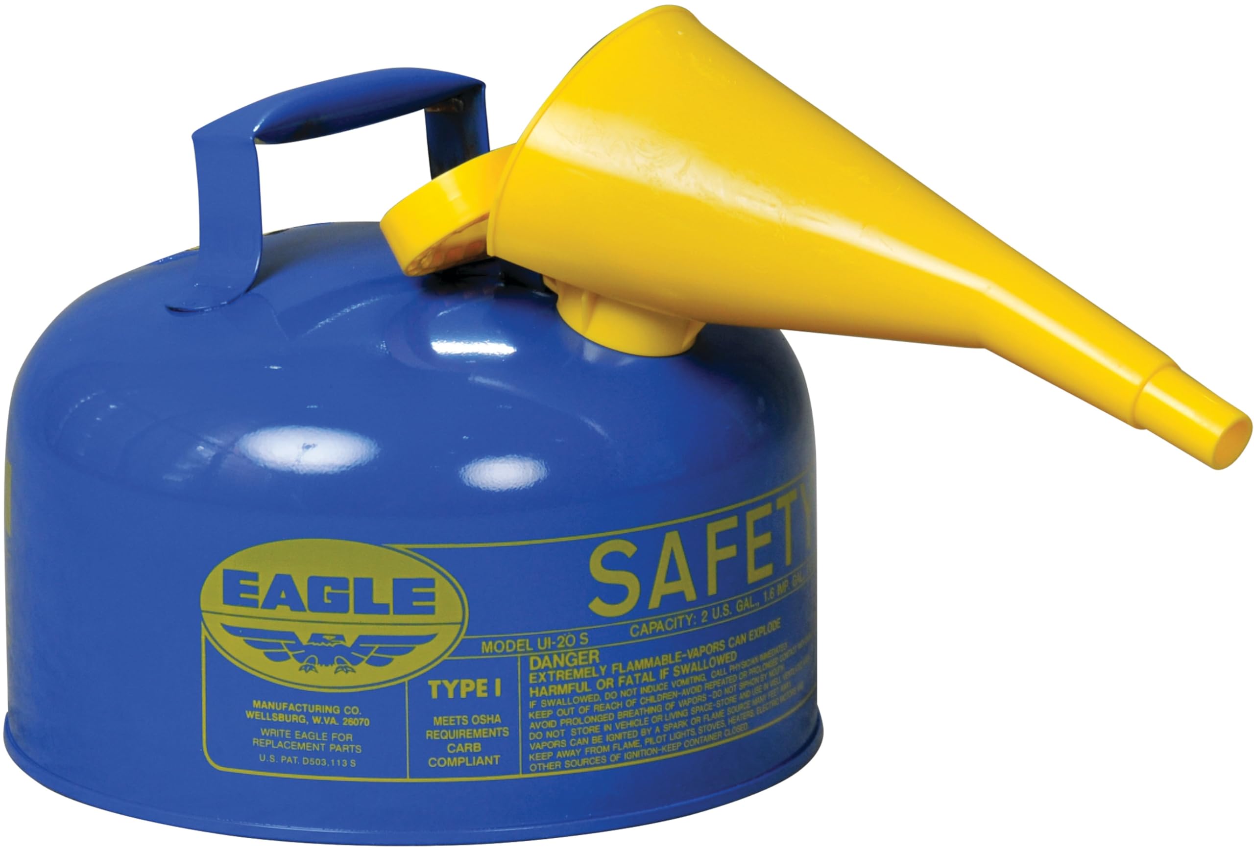 Eagle 2 Gallon Blue Type I Safety Gas Can for Kerosene with Flame Arrester, Self-Closing Lid, and F-15 Funnel, Made in the USA, Galvanized Steel Flammable Storage Can, UI20FSB