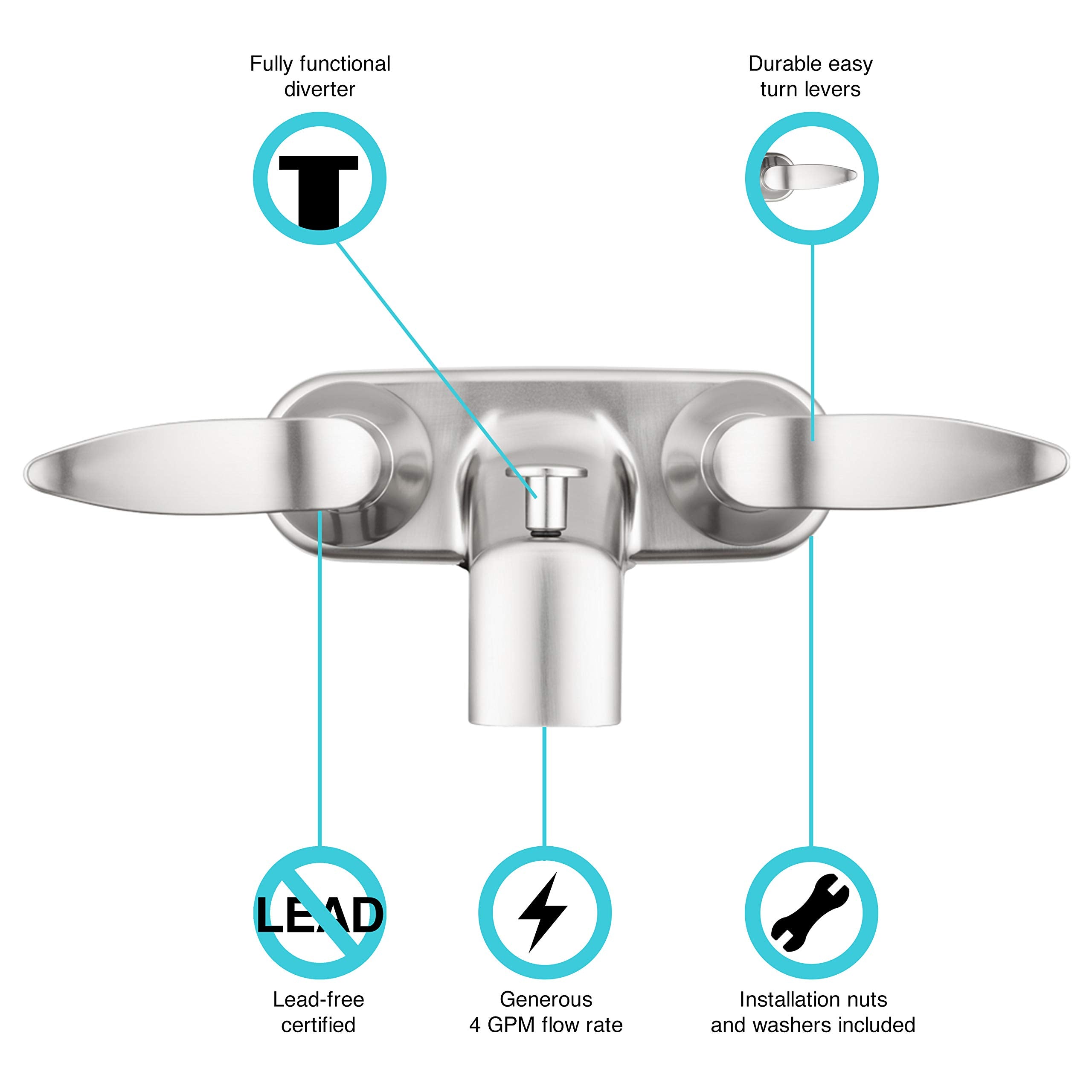 Dura Faucet RV Tub, Shower Faucet Valve Diverter DF-SA110LH-SN with Winged Levers (Brushed Satin Nickel)