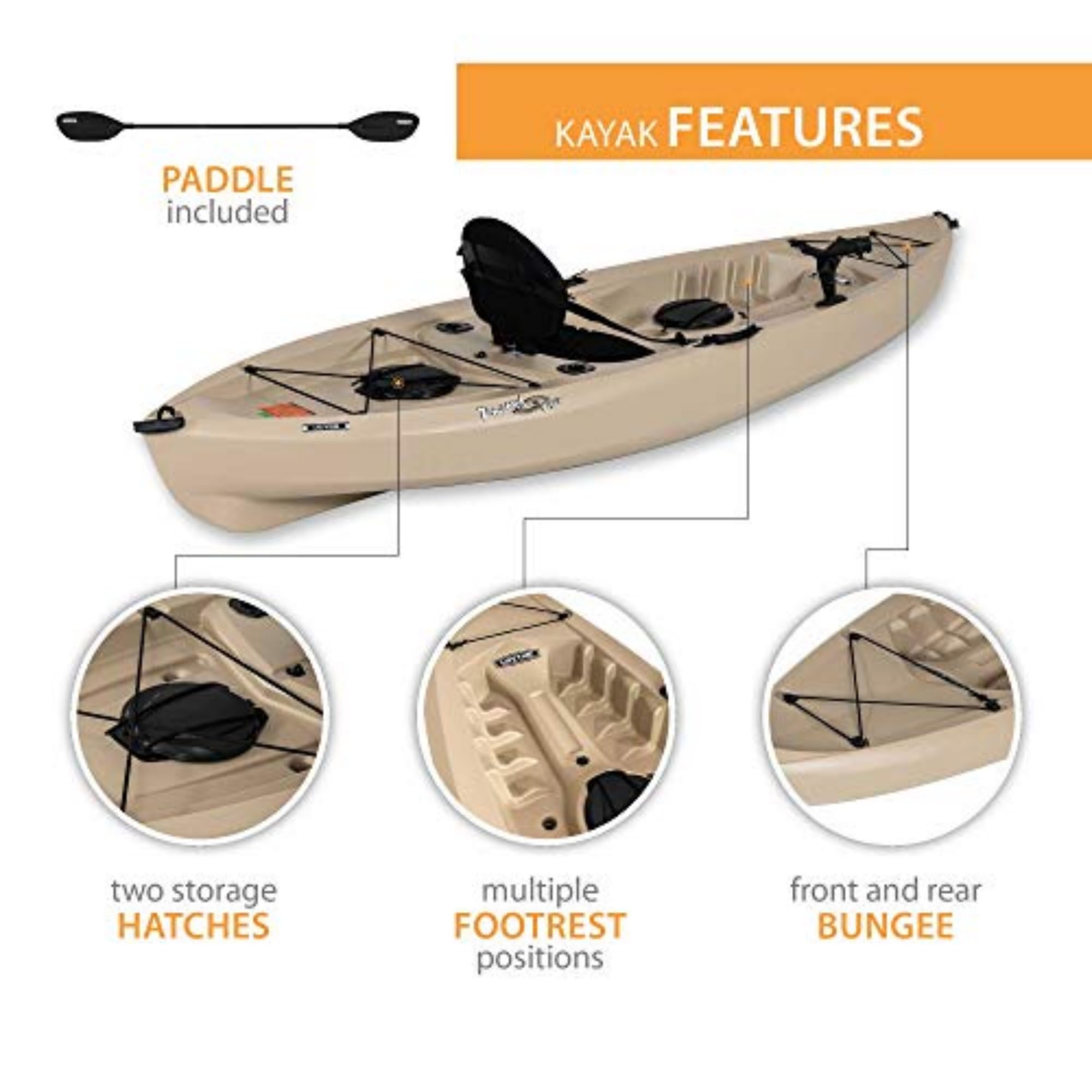 Muskie Angler Lifetime Sit-On-Top Kayak with Paddle, Tan, 120"