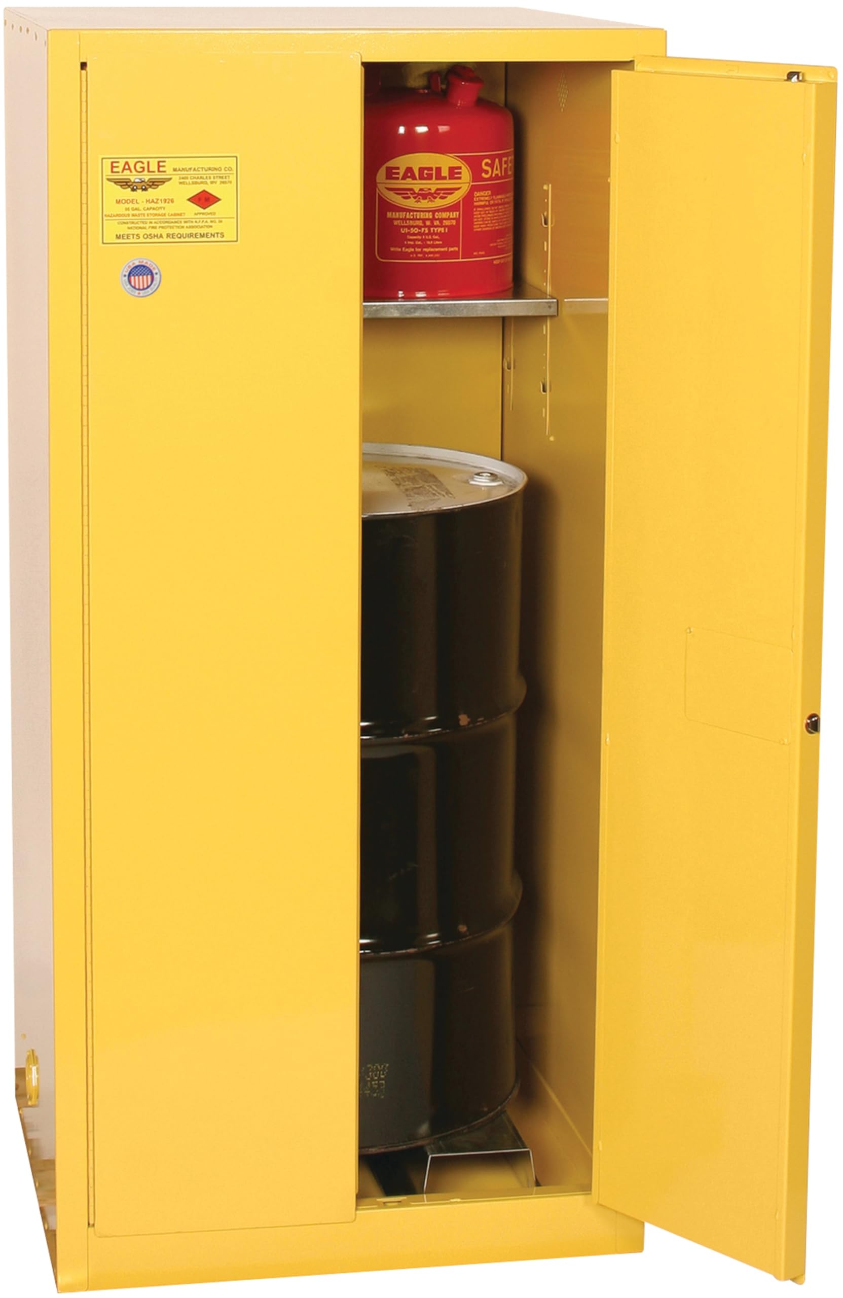 55 Gallon Eagle American Made Flammable Liquid Storage Cabinet, Manual-Close Slimline Fireproof Cabinet for Schools, Garages, Manufacturing Facilities, 34" x 34" x 65", 1926X