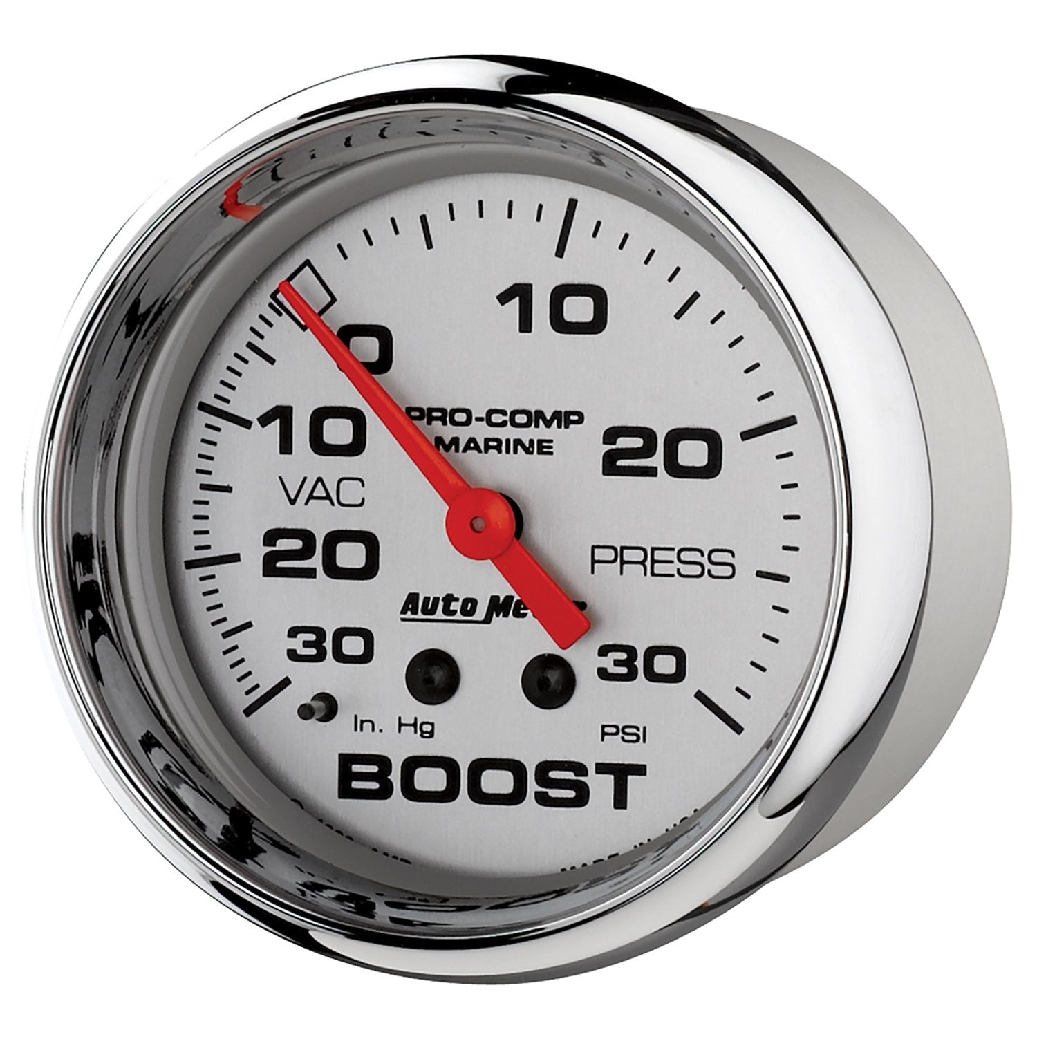 AutoMeter Vac/Boost Gauge, 2 5/8", 30Inhg-30Psi, Mechanical, Marine Chrome (200775-35)