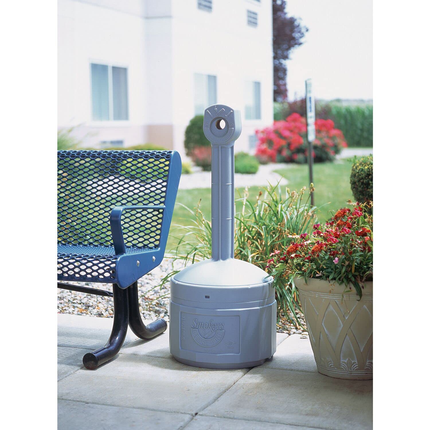 Justrite, Outdoor Smoker’s Cease-Fire Original Ashtray, Polyethylene Standing Ashtray with Steel Bucket, 4 Gallon, Grey, 26800