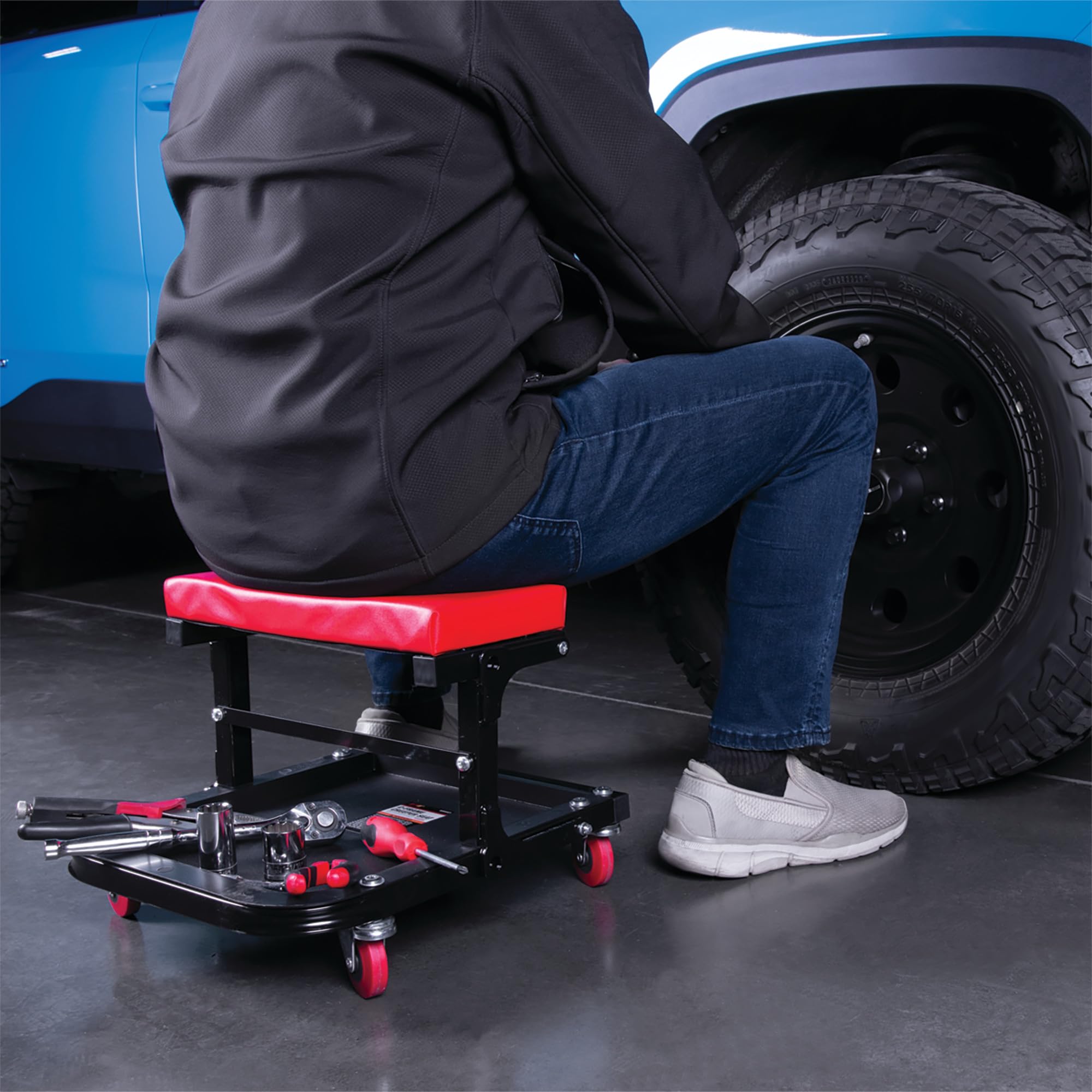Folding C-Frame Creeper Performance Tool W85021 Rolling Work Seat with Tool Tray for Mechanic Garages and Workshops, Black/Red, 12.5-inch Height