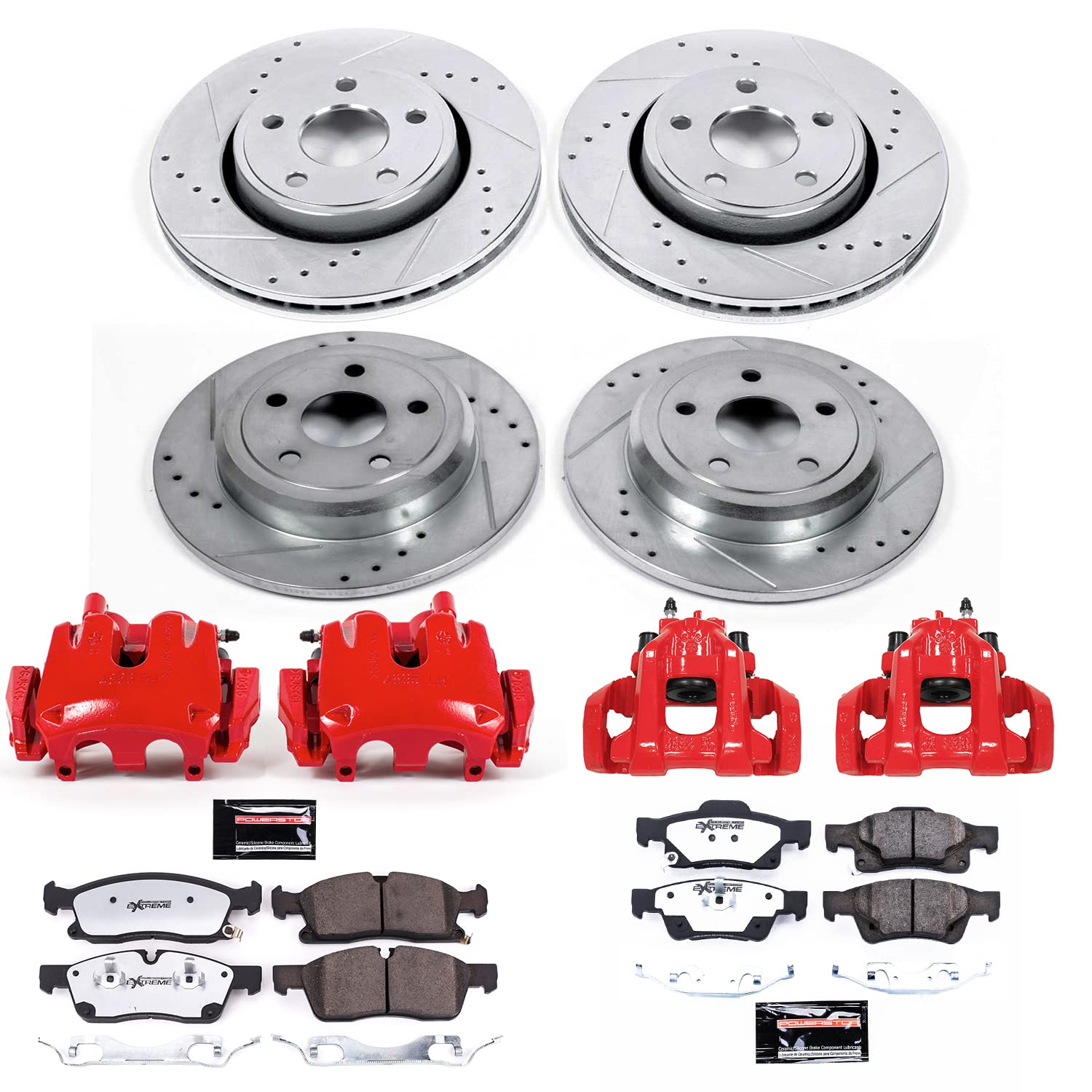 Power Stop Z36 KC7413-36 Brake Pad and Rotor Kit Front and Rear with Red Powder Coated Calipers For Jeep Grand Cherokee 2017-2019 [Model Specific]