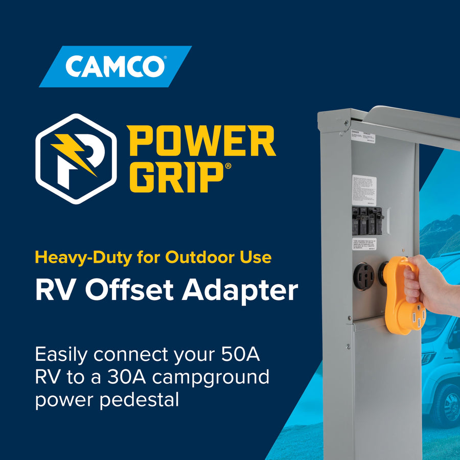 Camco Power Grip Electrical Adapter Offset - 30 amp to 50 amp RV Power Adapter - Design to Relieve Cord Stress (55133)