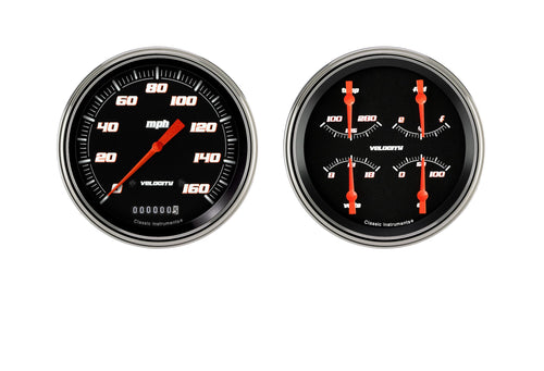 Velocity Black Classic Instruments VS52BSLF Direct Fit Gauge Package 4 5/8" Speedometer and Quad Gauge