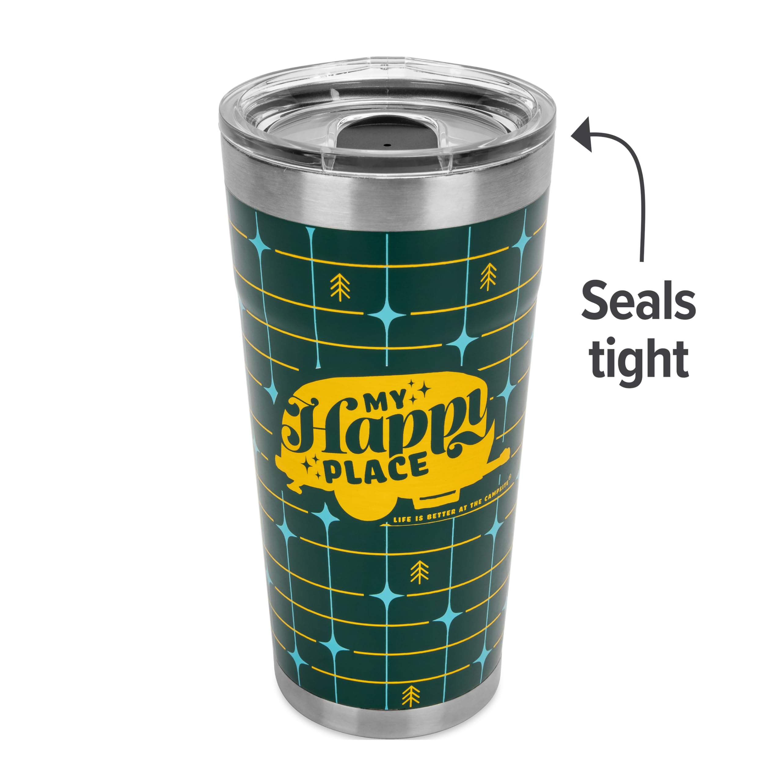 Wrapped Stainless Steel Tumbler Camco Life is Better at The Campsite - Features Double Wall Vacuum Insulation for Heat/Ice Retention & Unique My Happy Place Retro Plaid Design - Holds 20 oz. (53325)