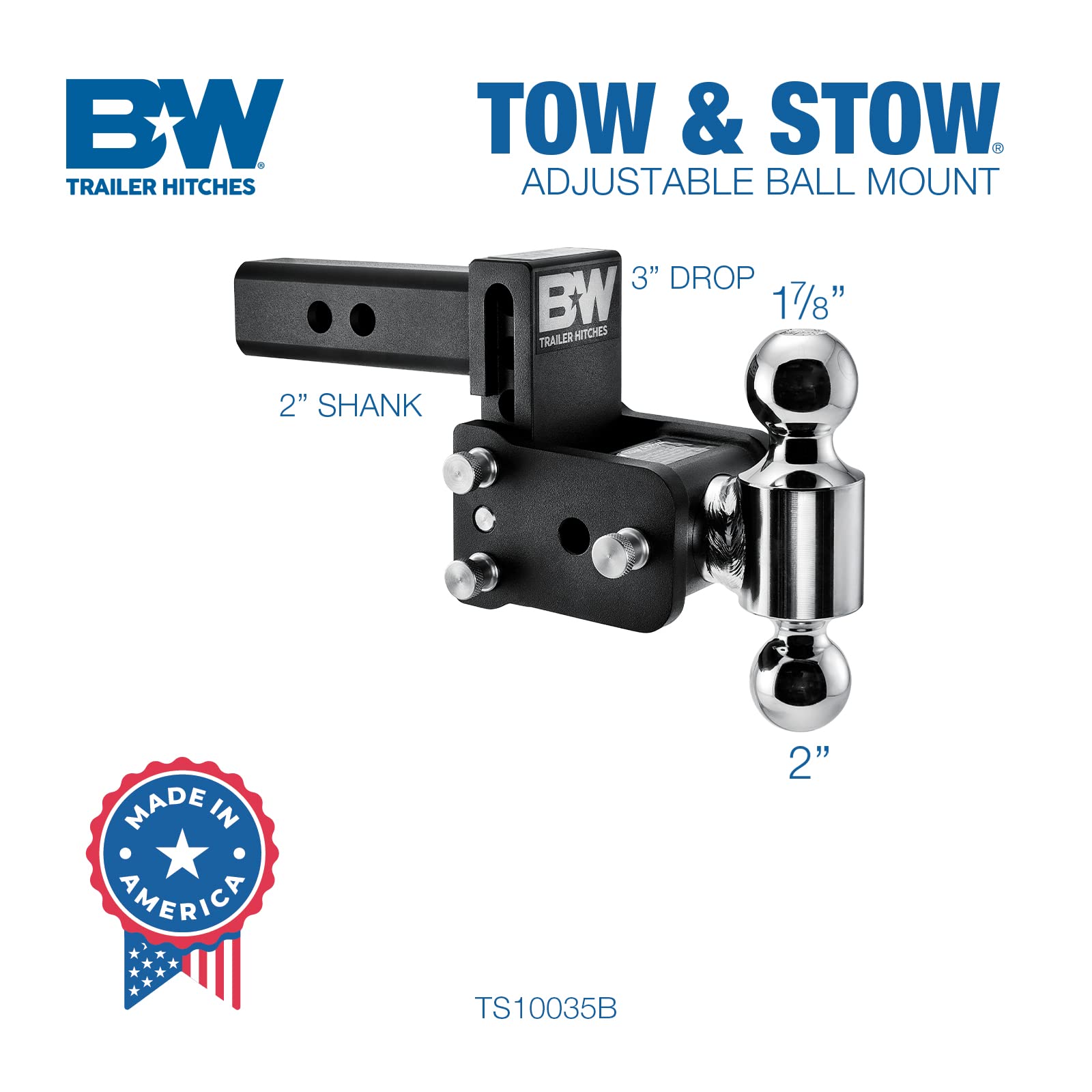 Tow & Stow B&W Trailer Hitches Adjustable Trailer Hitch Ball Mount - Fits 2" Receiver, Dual Ball (1-7/8" x 2"), 3" Drop, 10,000 GTW - TS10035B