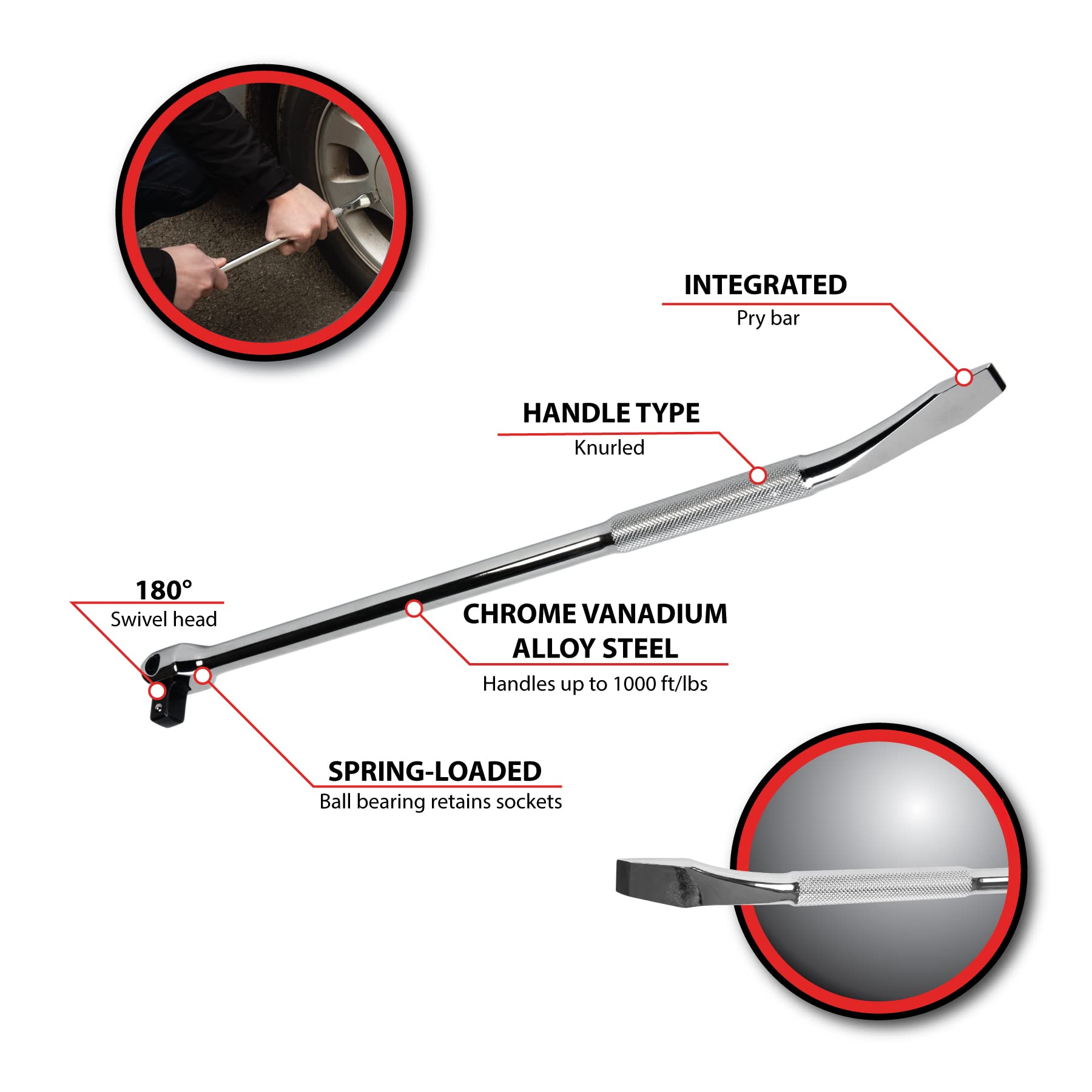 W32127 Performance Tool 1/2-in Drive Pry Bar/Flex Handle Home Improvement Hand Tool, Silver, 18-Inches