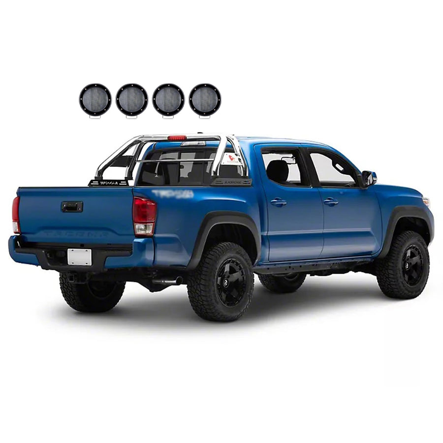 Classic Black Horse Roll Bar Incl. Set of 5.3" Dia.LED Lights w/Black Trim Rings Stainless Steel Compatible with 2019-2022 Ford Ranger-RB08SS-PLFB