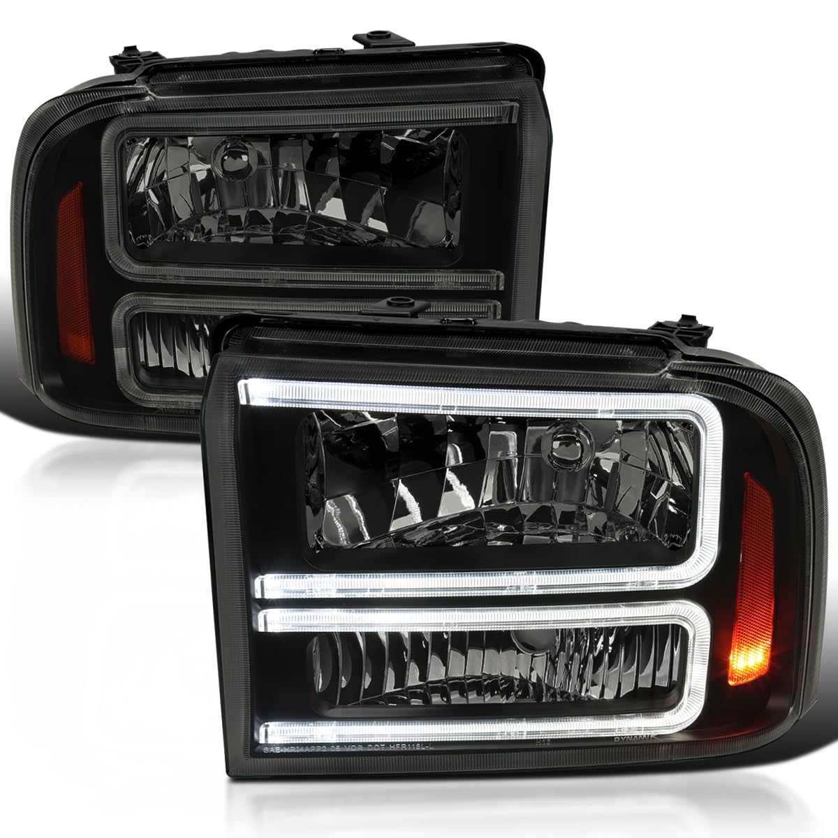 Black Smoke LED BAR Headlights SPEC-D TUNING Compatible with 2005-2007 Ford F250 F350 F450 F550 Super Duty, Left + Right Pair Headlamps Assembly