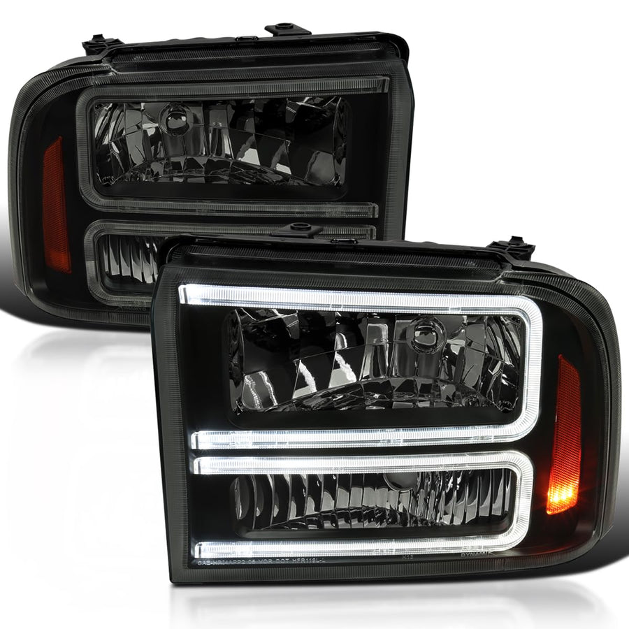 Black Smoke LED BAR Headlights SPEC-D TUNING Compatible with 2005-2007 Ford F250 F350 F450 F550 Super Duty, Left + Right Pair Headlamps Assembly