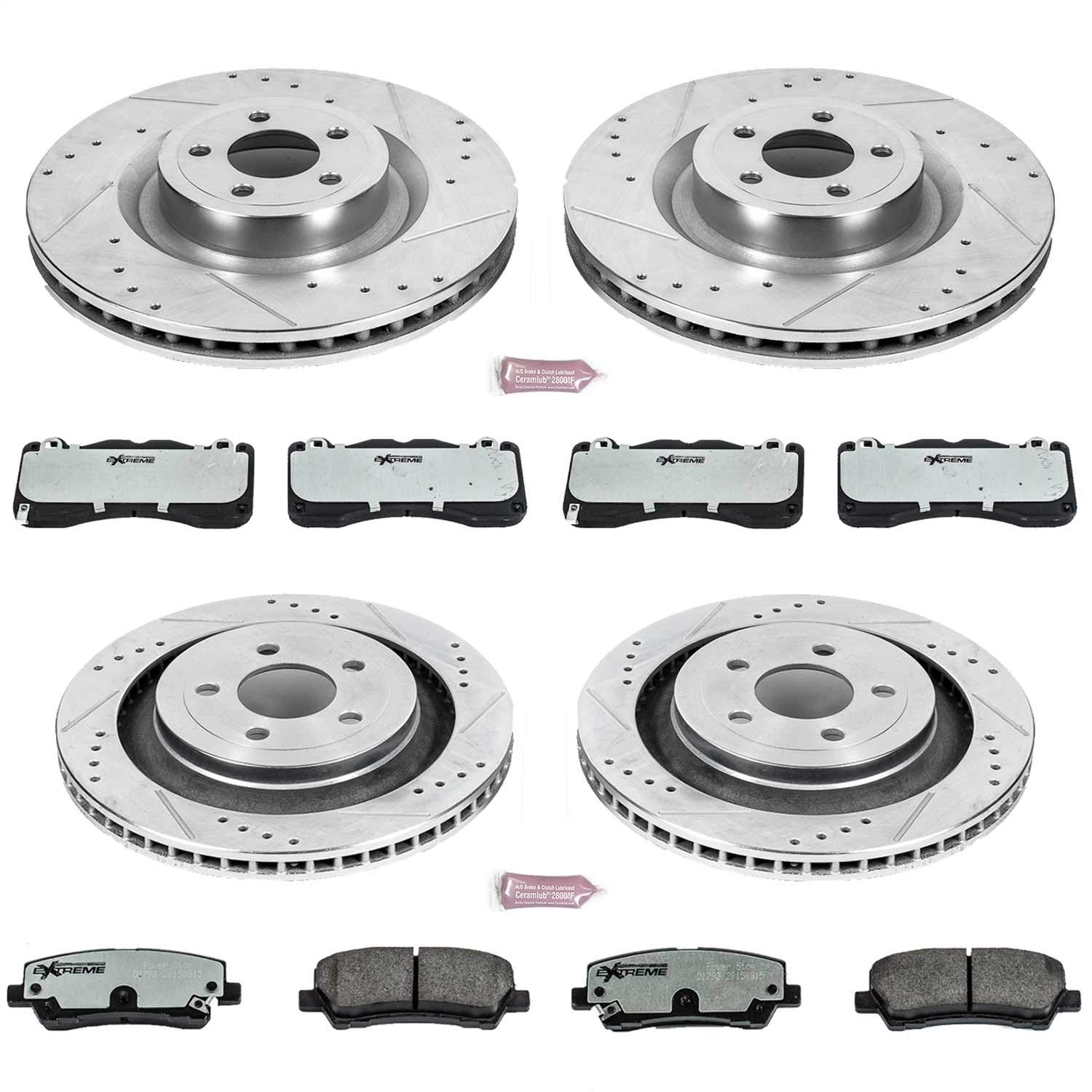 Brake Kit Power Stop For 2015-2022 Ford Mustang [Model Specific] Front and Rear Z26 Carbon-Fiber Brake Pads with Drilled and Slotted Brake Rotors Replacement, K6810-26