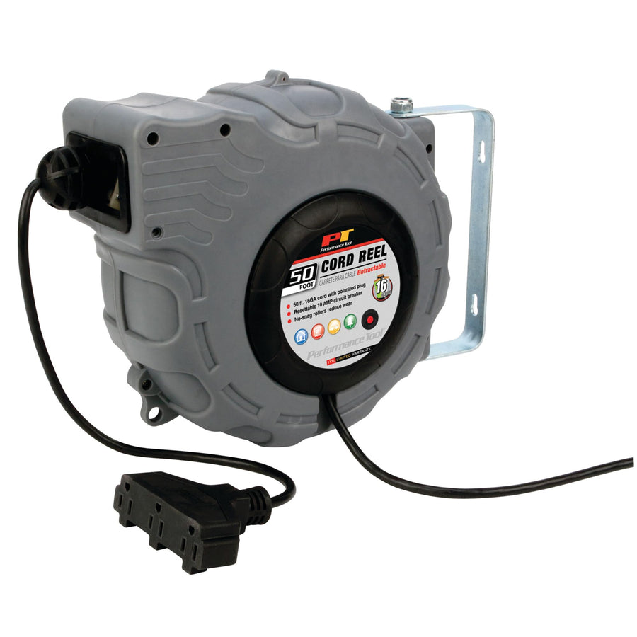 W2273 Performance Tool 50ft 16 Gauge, Retractable Cord Reel with Guided Return - Install On Ceiling, Wall, Floor, or Workbench