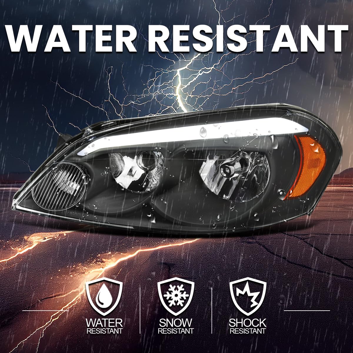 Black Headlights w/LED Strip SPEC-D TUNING Compatible with 2006-2013 Chevy Impala, 2006-2007 Monte Carlo, Left + Right Pair Headlamps Assembly